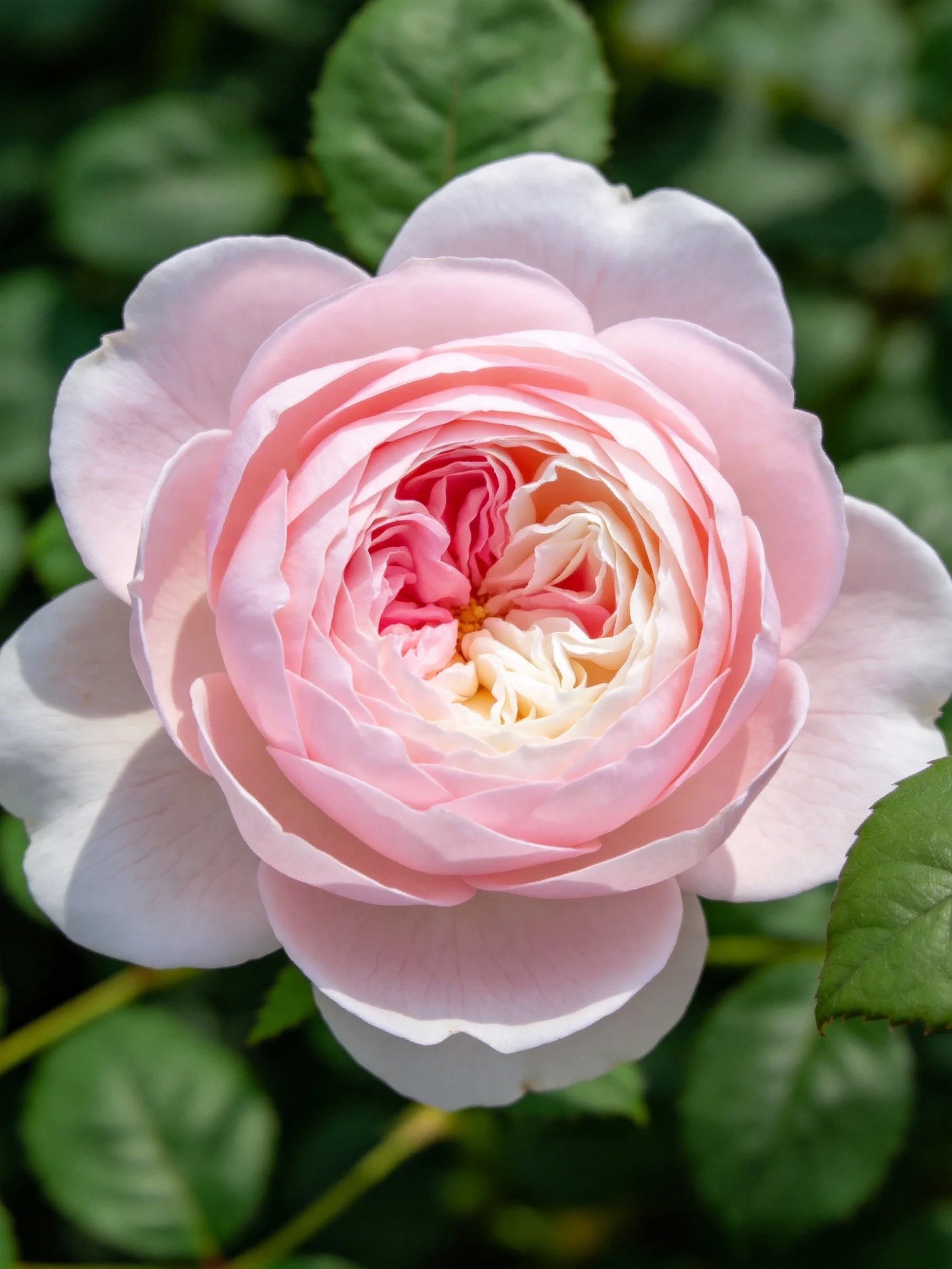A fully bloomed pink rose with layered petals and green foliage