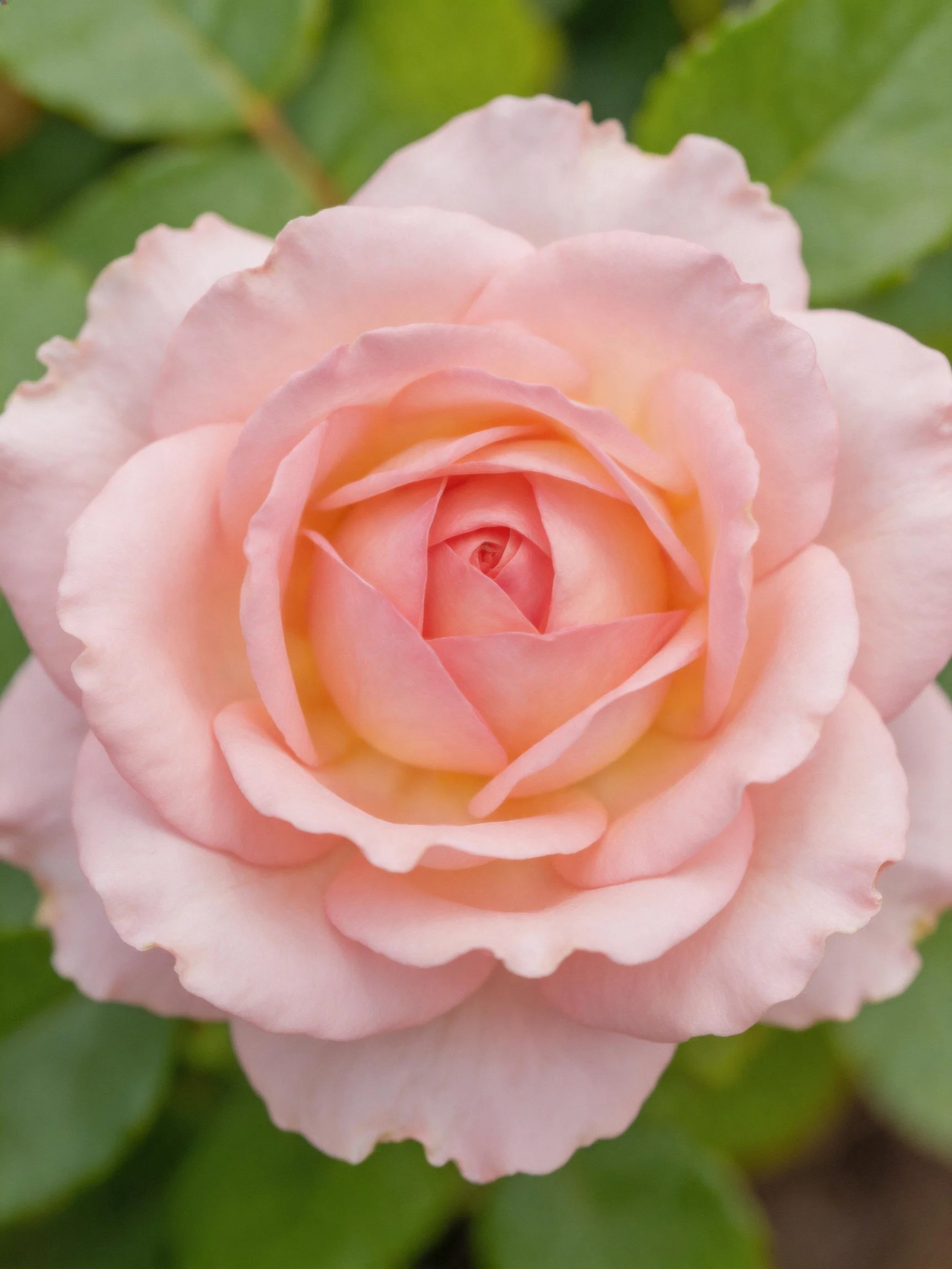 A fully bloomed pink rose with layered petals and green leaves