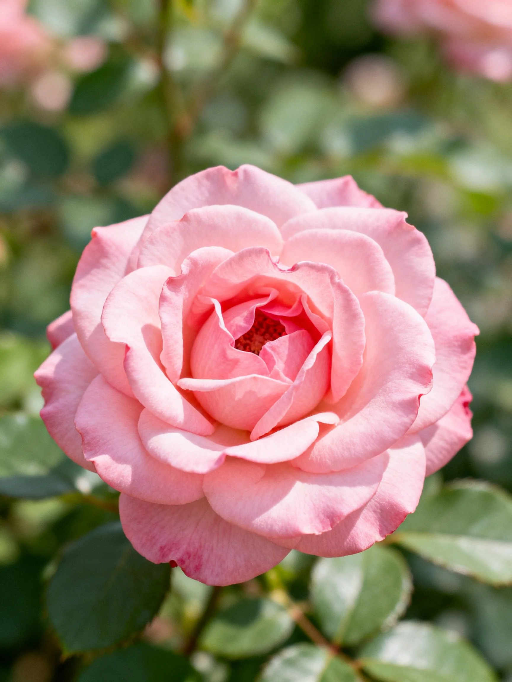 A fully bloomed pink rose with lush green leaves