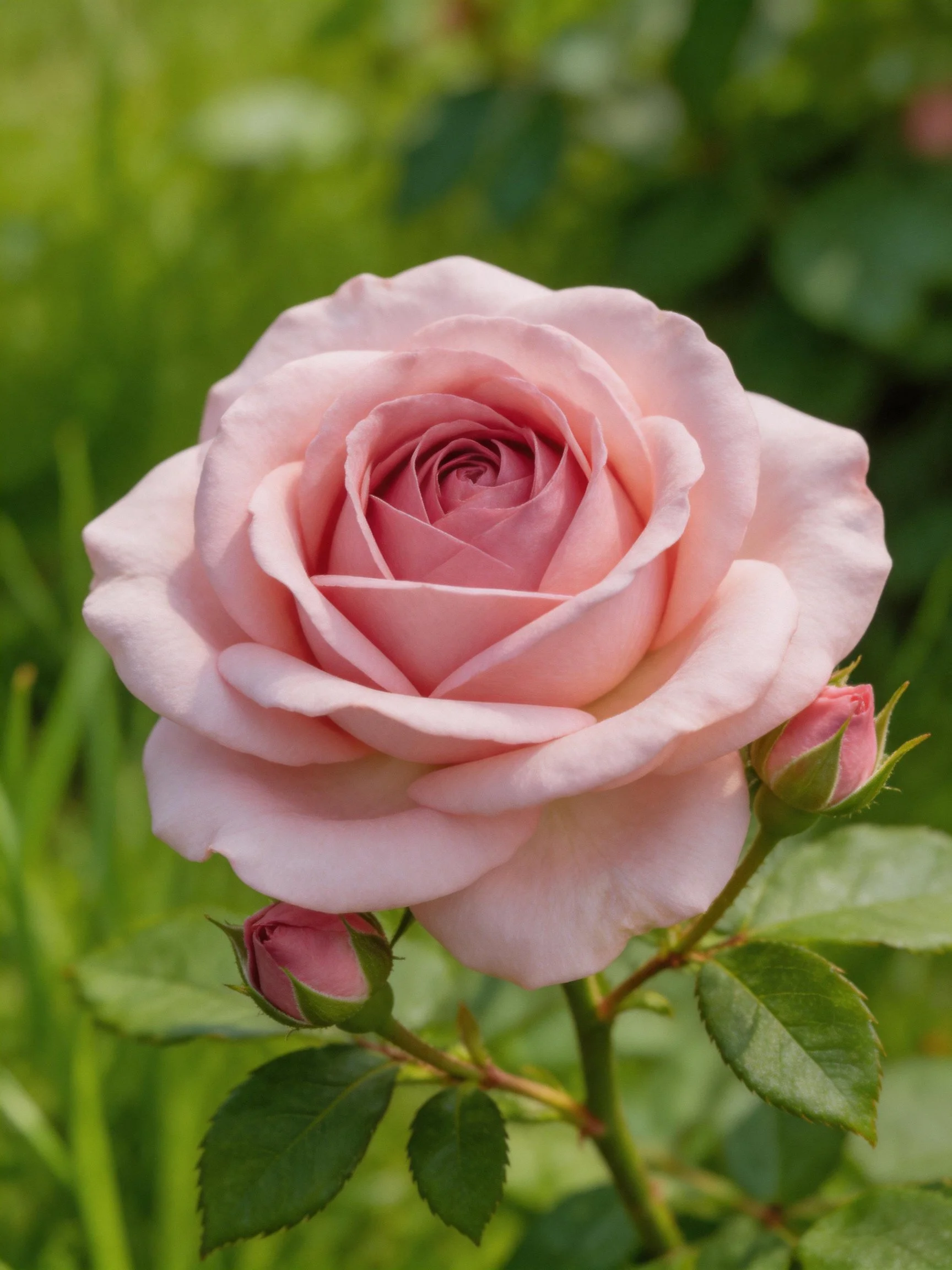 A fully bloomed pink rose with two buds near green foliage