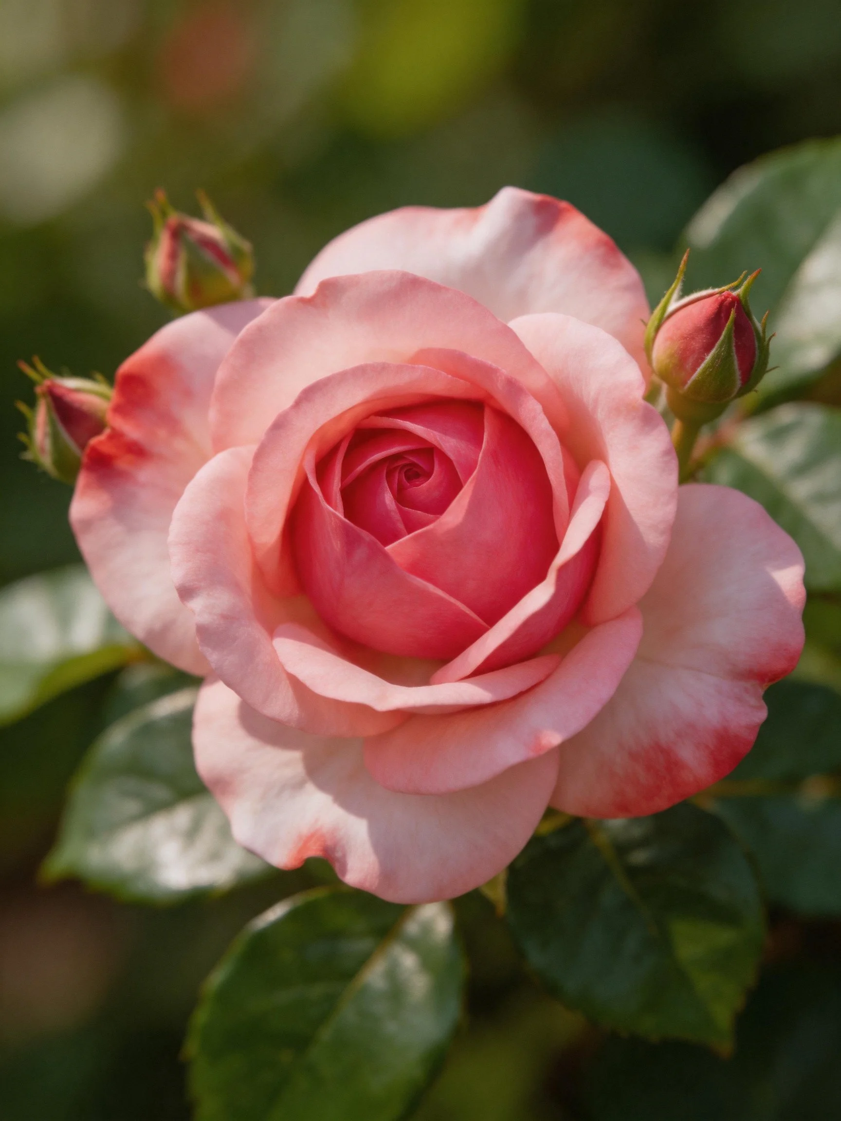 A fully bloomed pink rose with two unopened buds