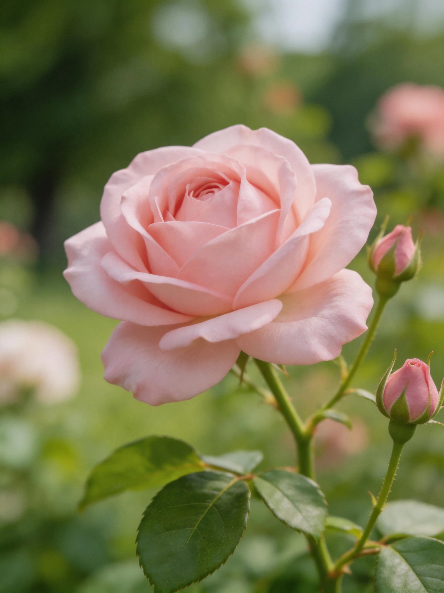 A fully bloomed pink rose with two unopened rosebuds in a garden