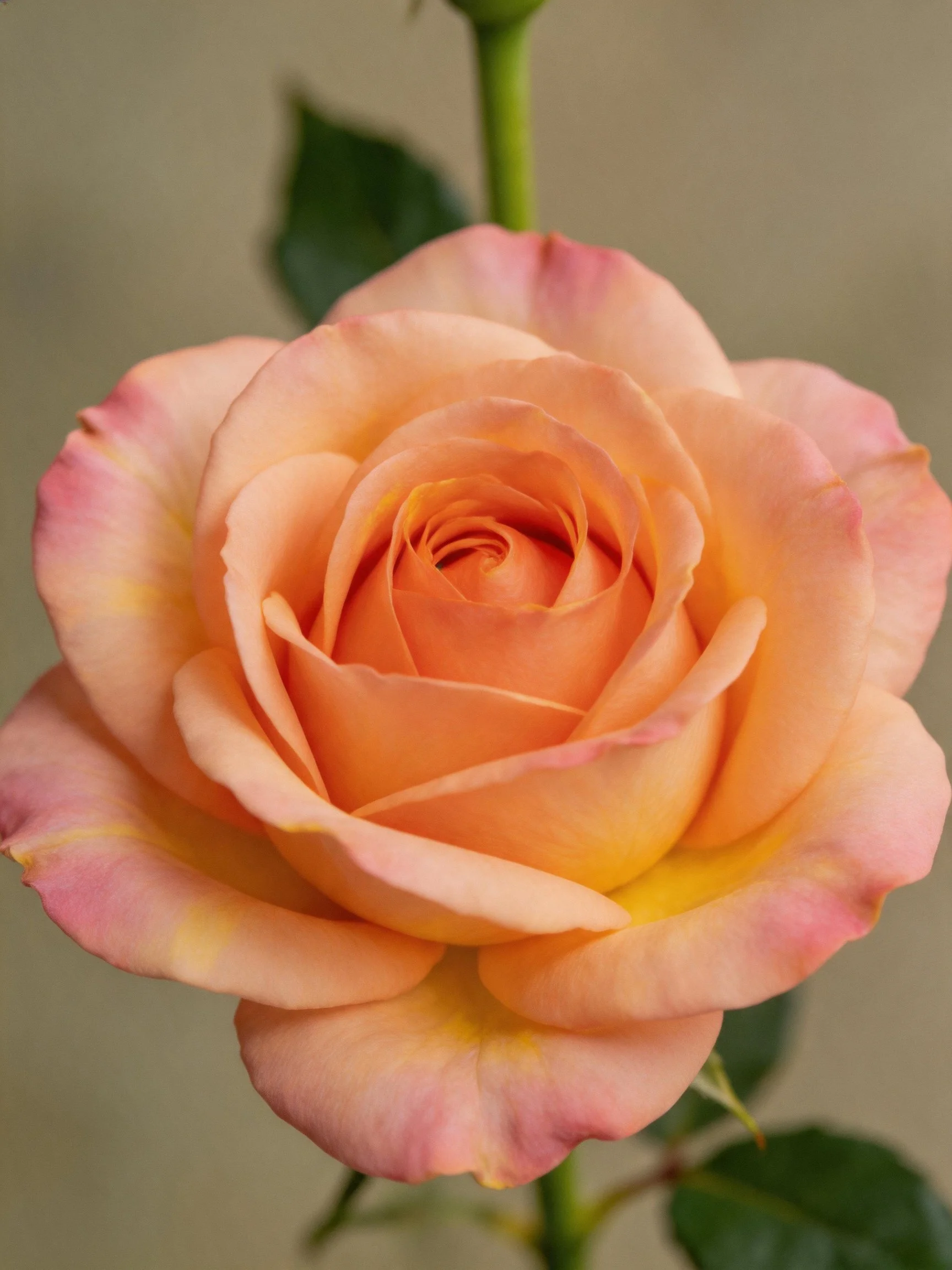 A fully bloomed rose with soft peach and pink petals