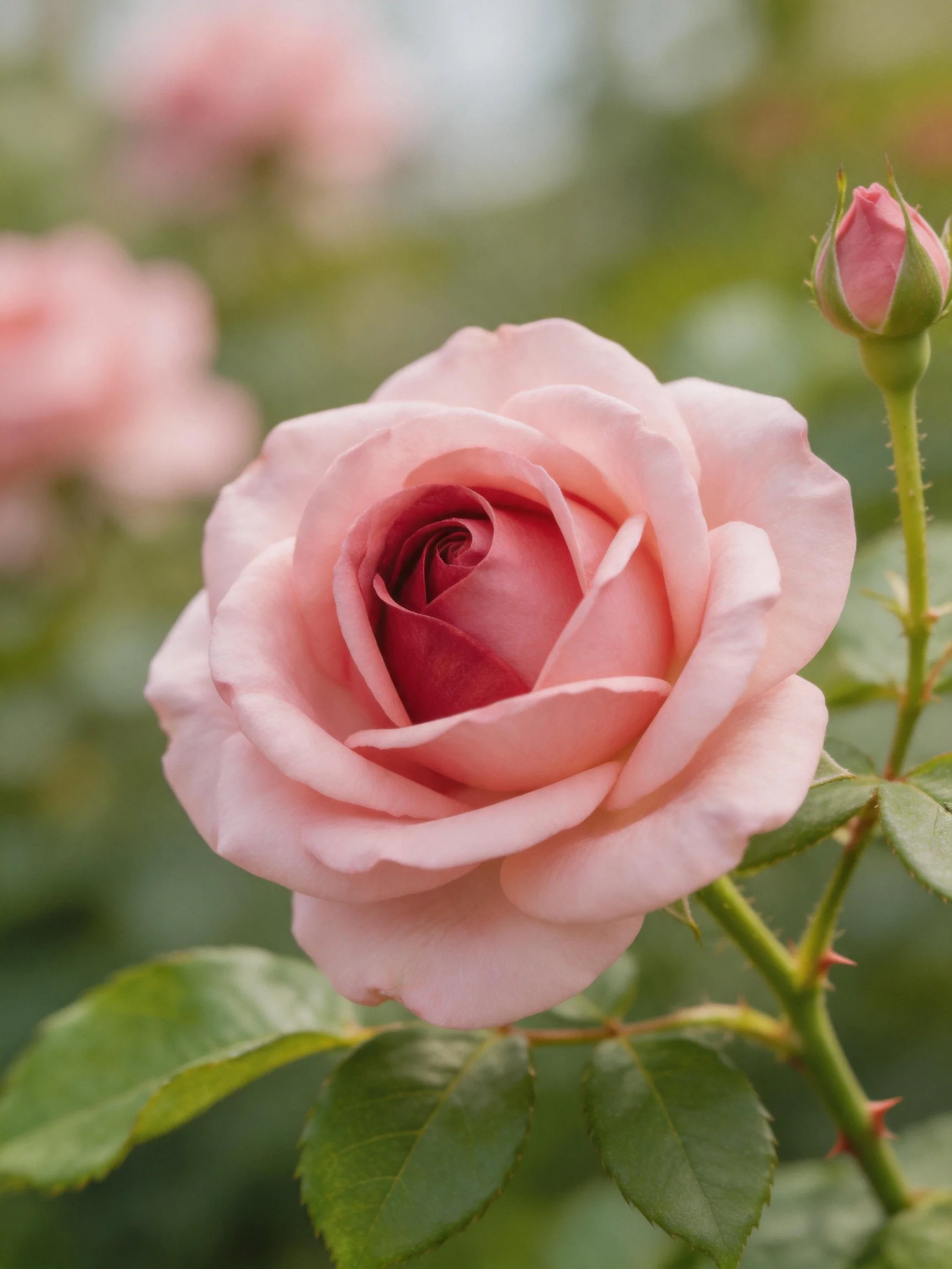 A fully bloomed soft pink rose with a budding flower nearby