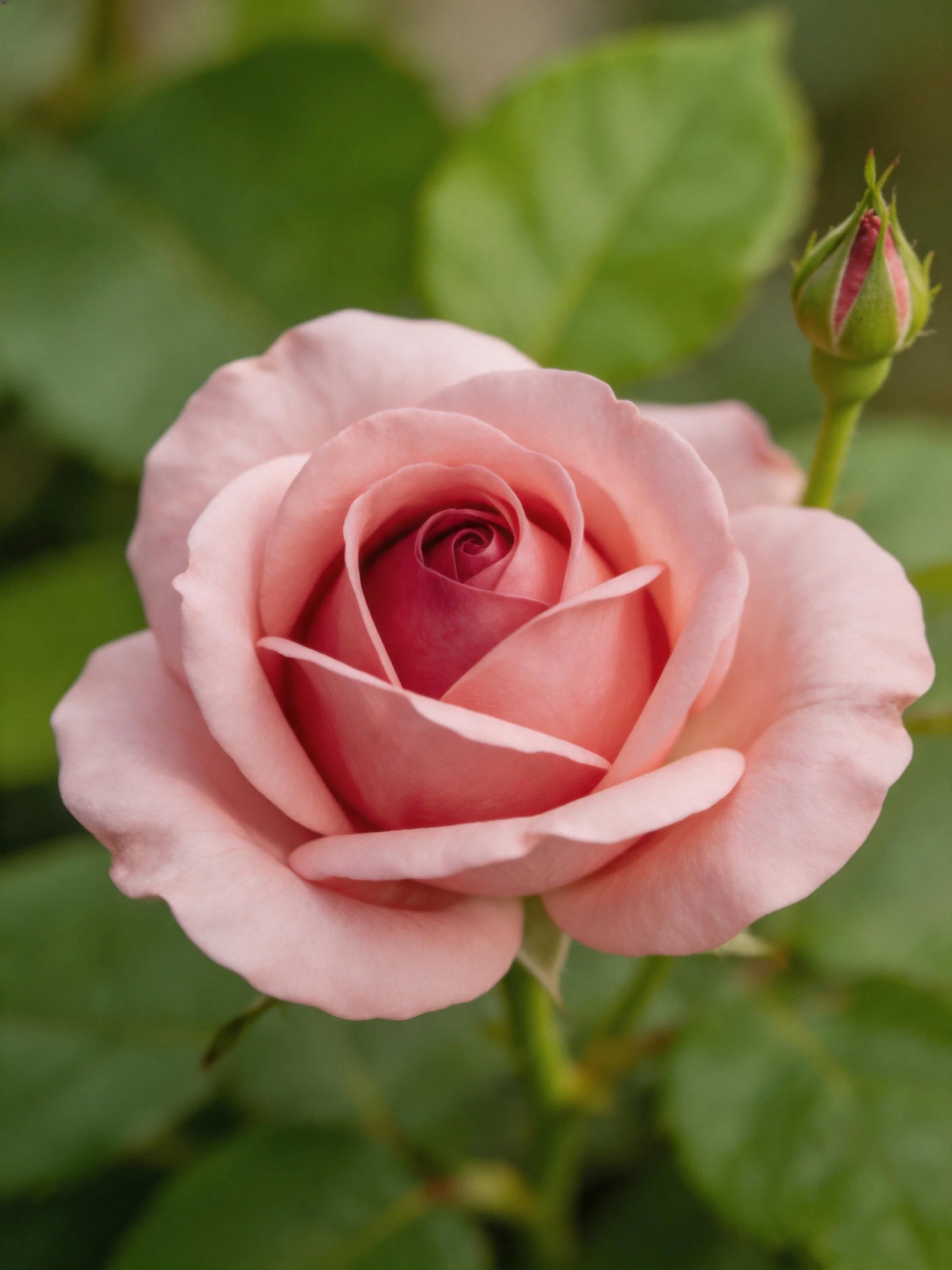 A fully bloomed soft pink rose with an unopened bud near green foliage