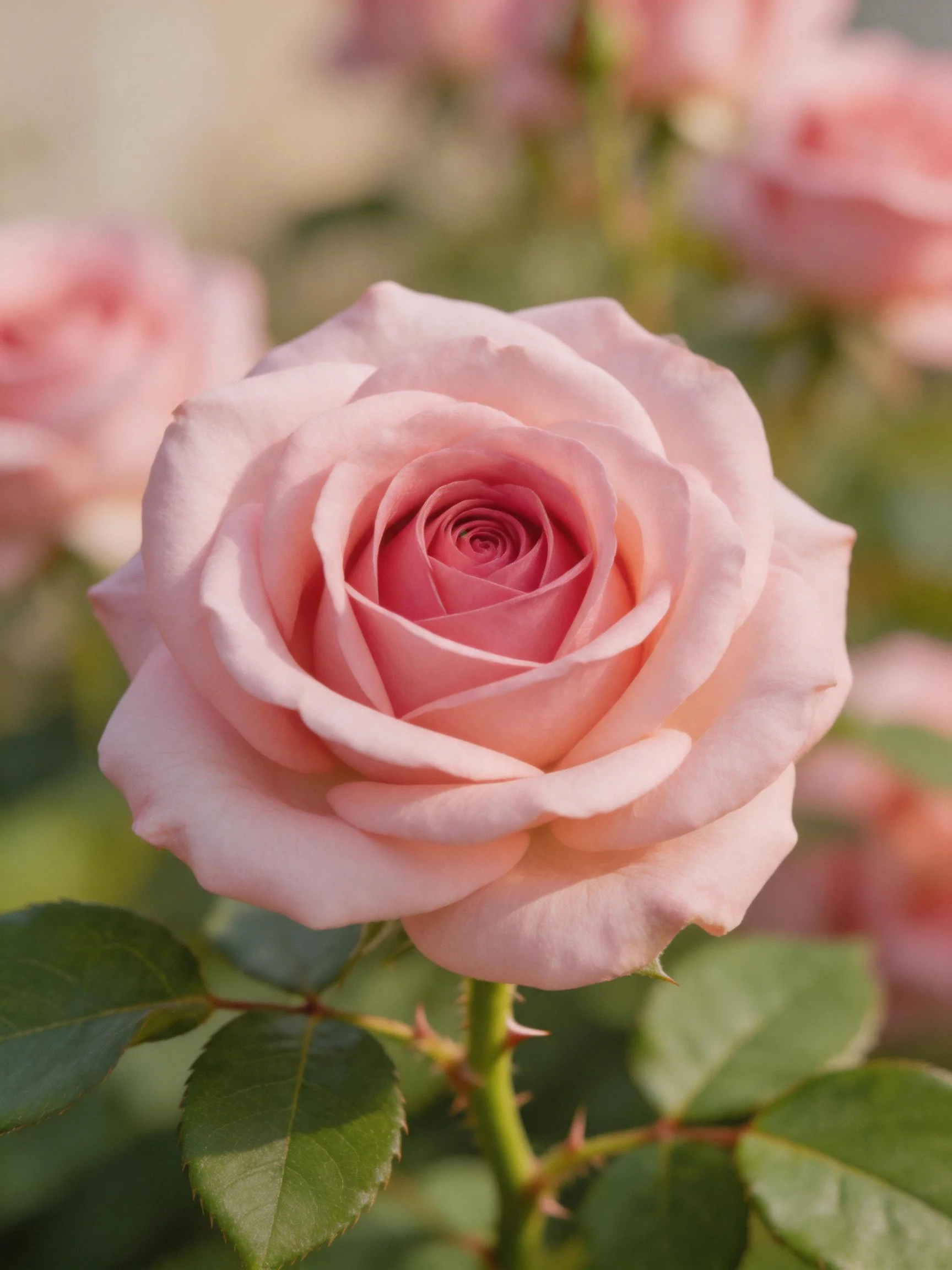 A fully bloomed soft pink rose with green leaves in focus