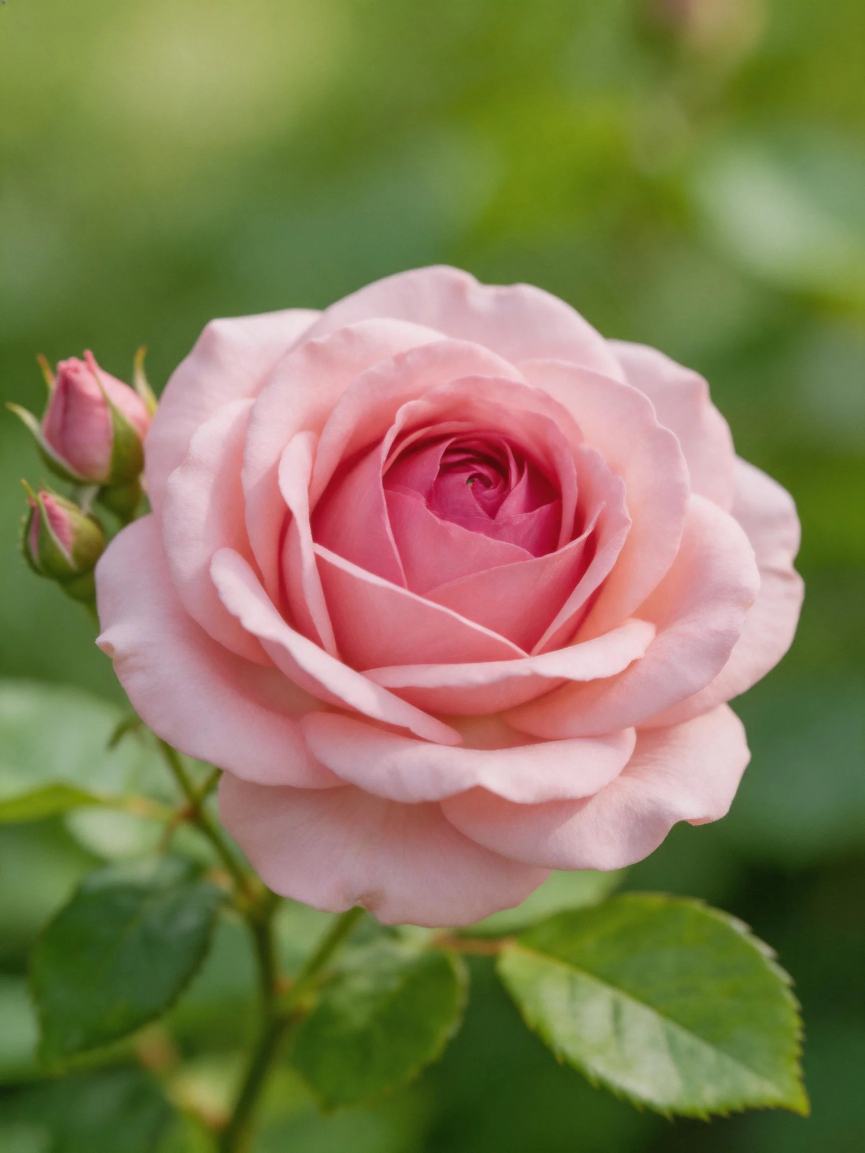 A fully bloomed soft pink rose with two unopened buds