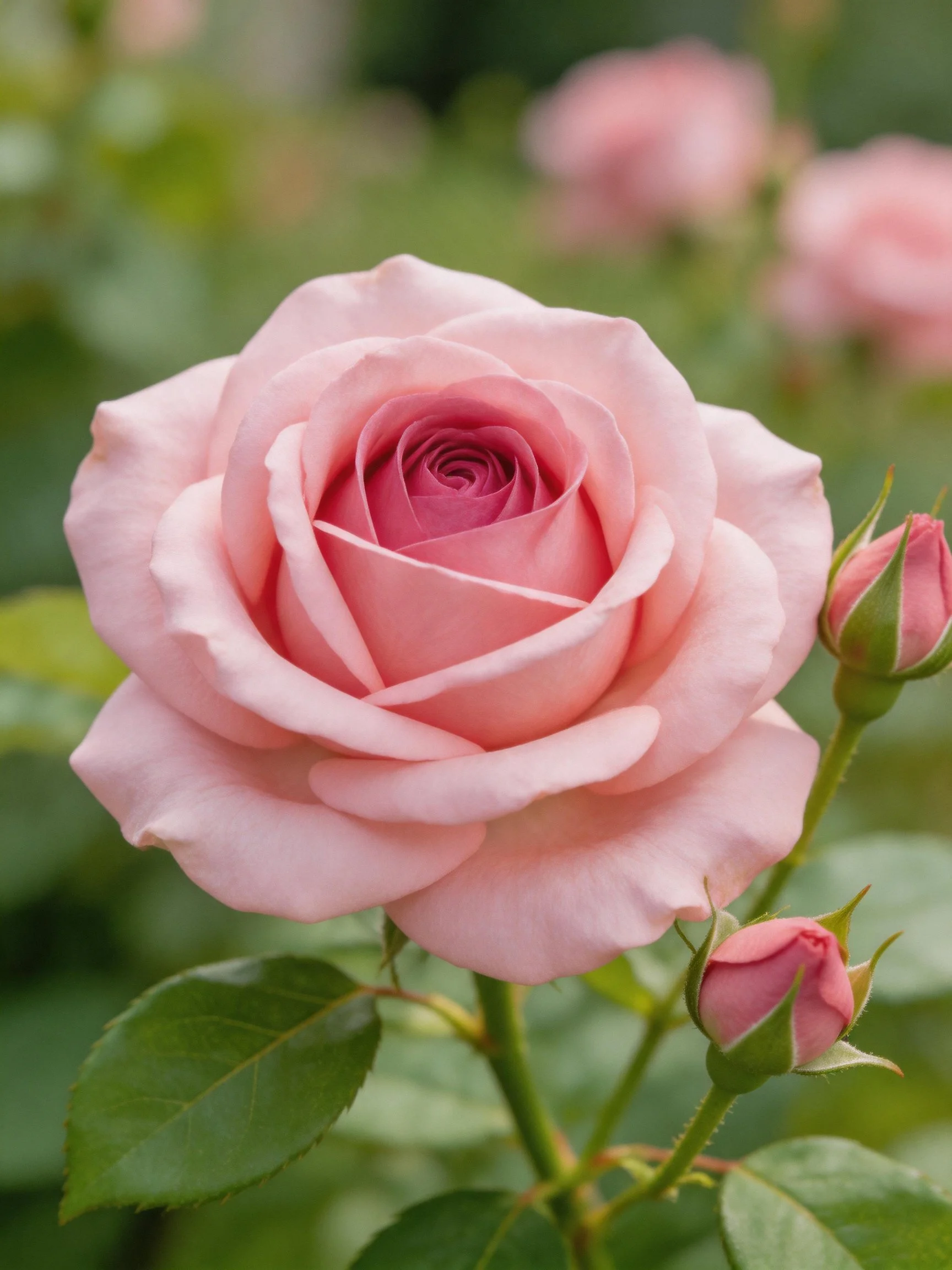 A fully bloomed soft pink rose with two unopened buds