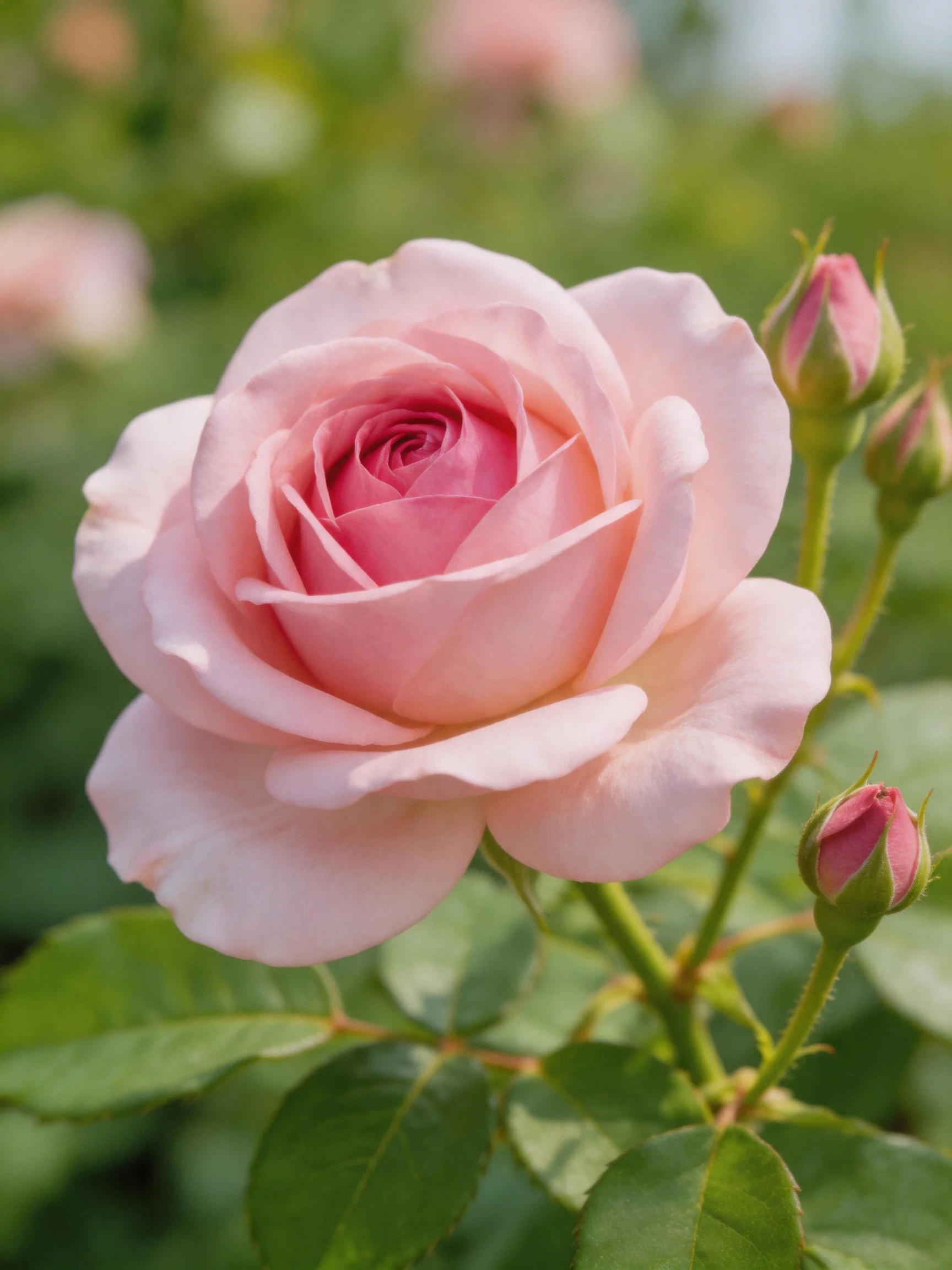 A fully bloomed soft pink rose with unopened buds and green leaves