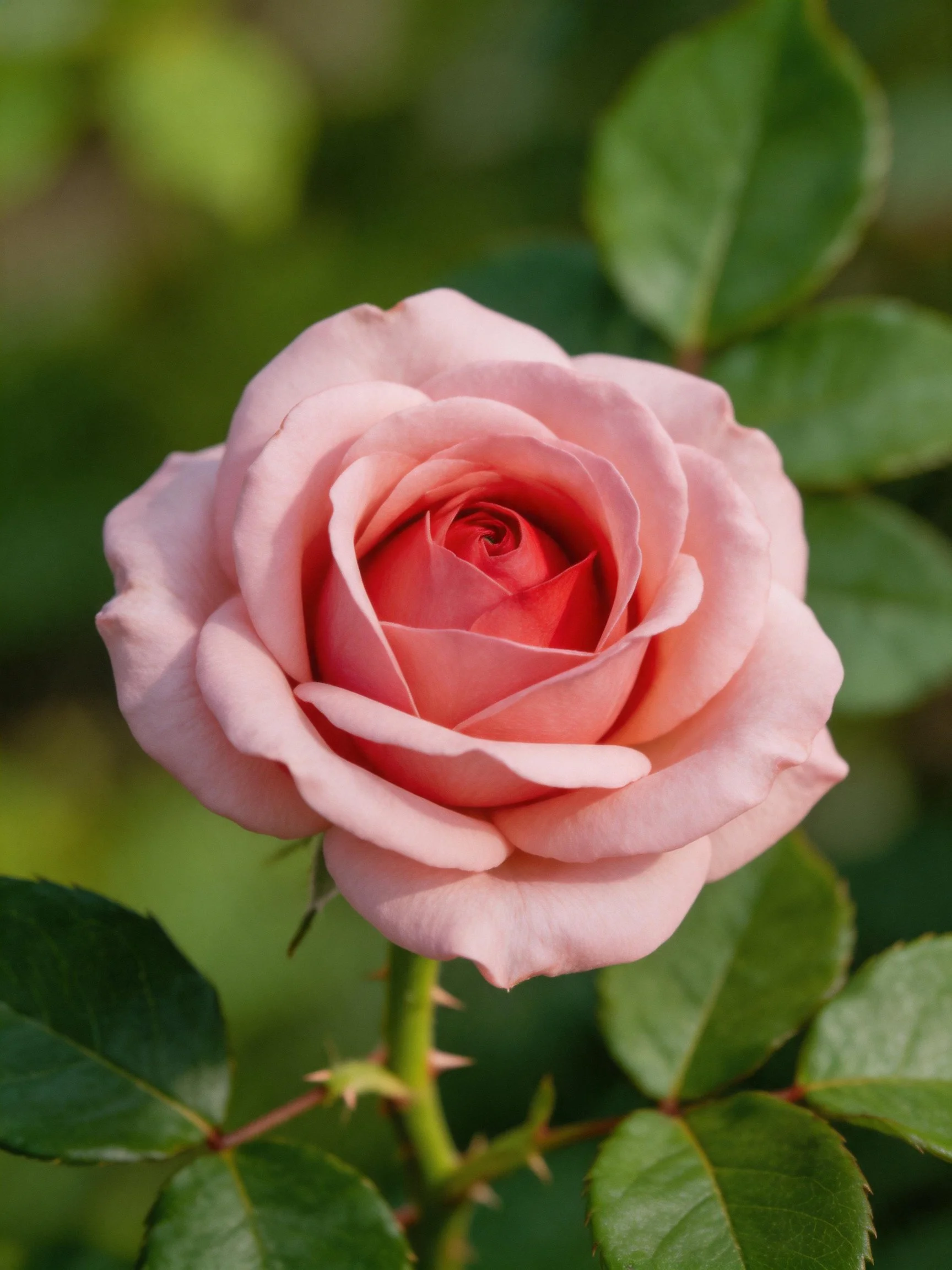 A fully bloomed soft pink rose with vibrant green leaves