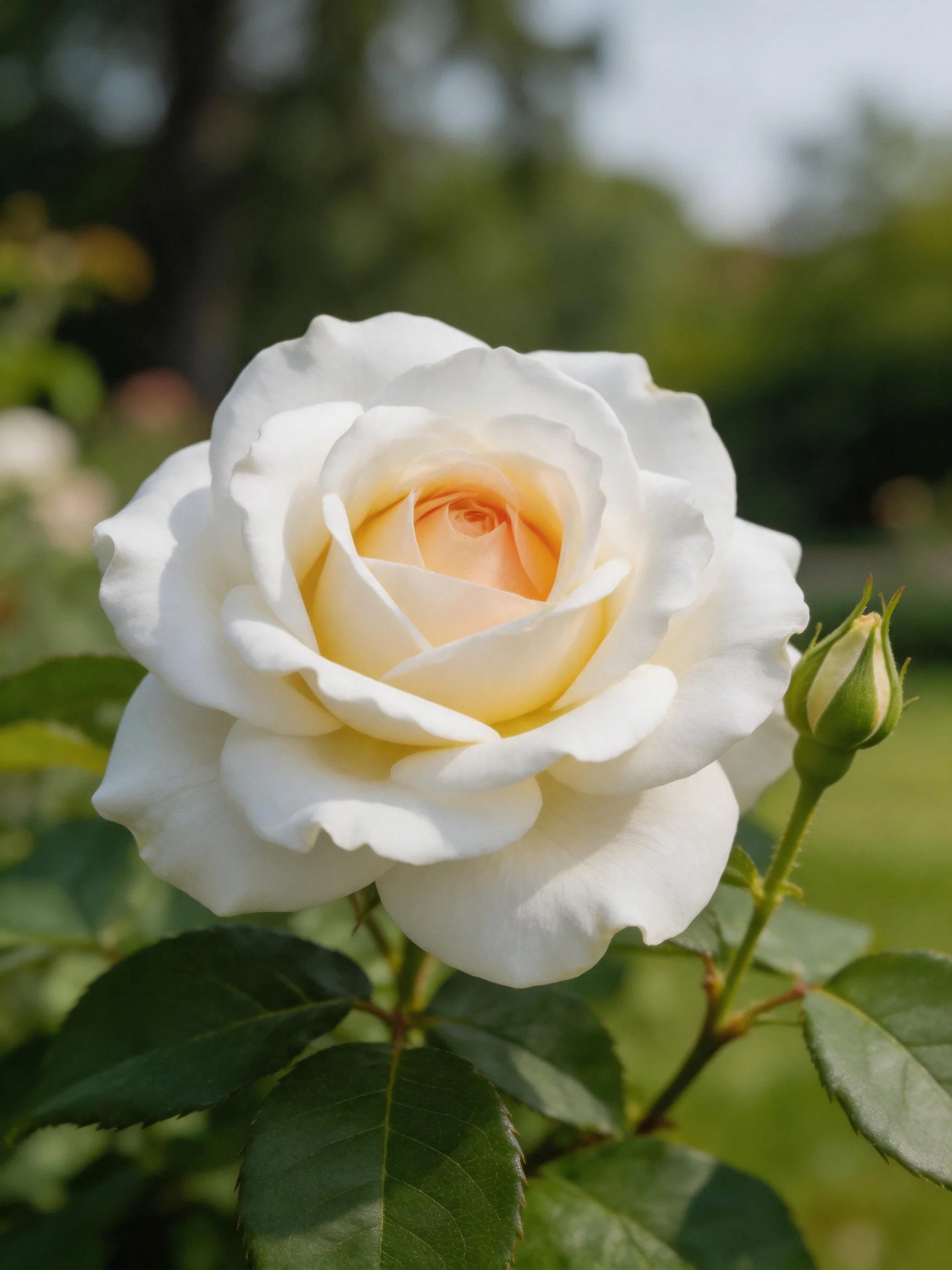 A fully bloomed white rose with a golden center beside a bud