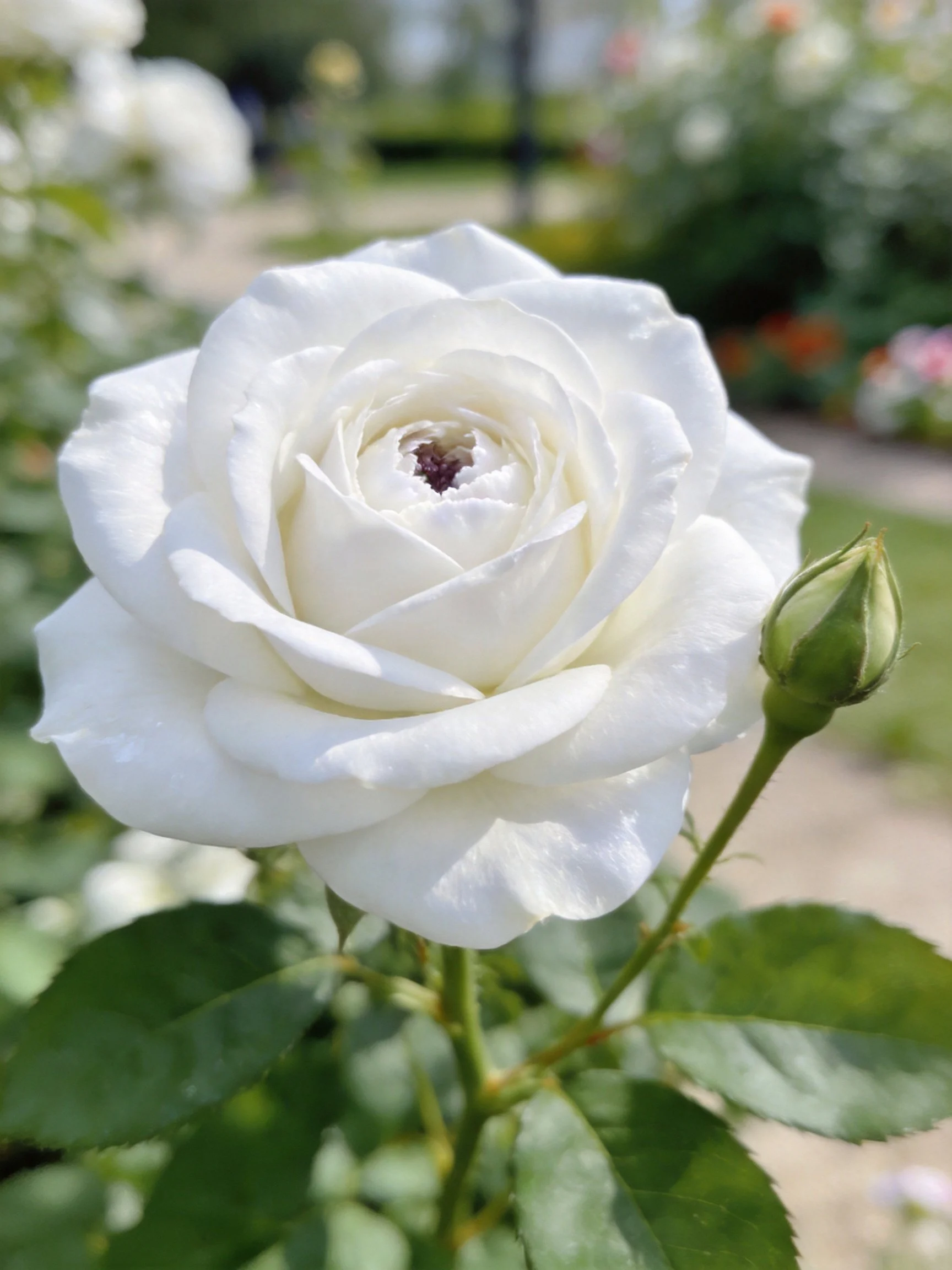 A fully bloomed white rose with an unopened bud in a garden
