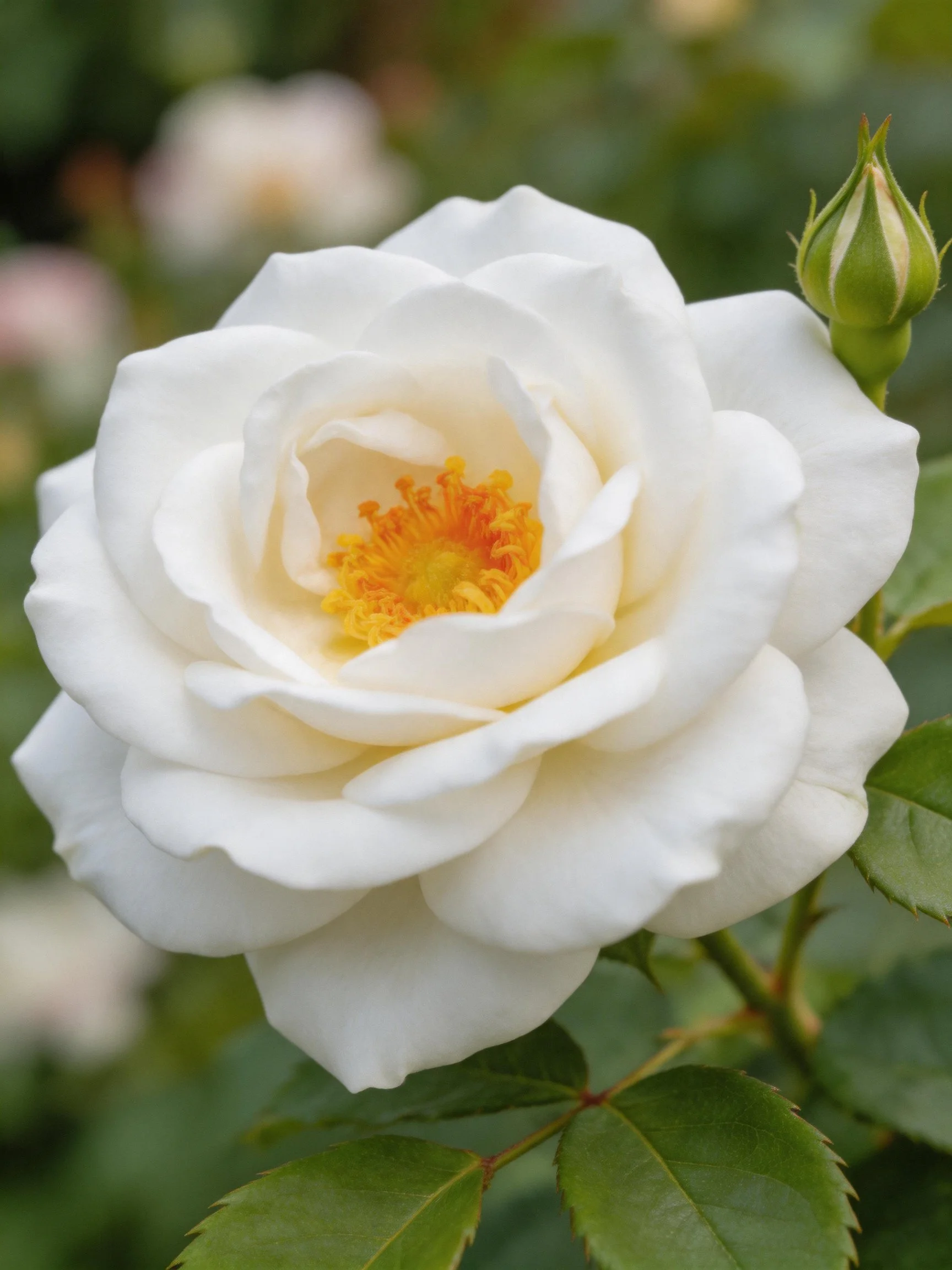 A fully bloomed white rose with yellow-orange center and green bud