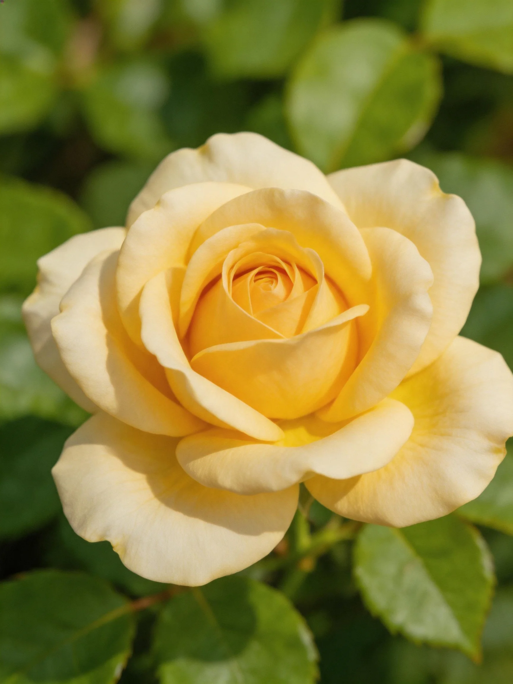 A fully bloomed yellow rose with lush green foliage