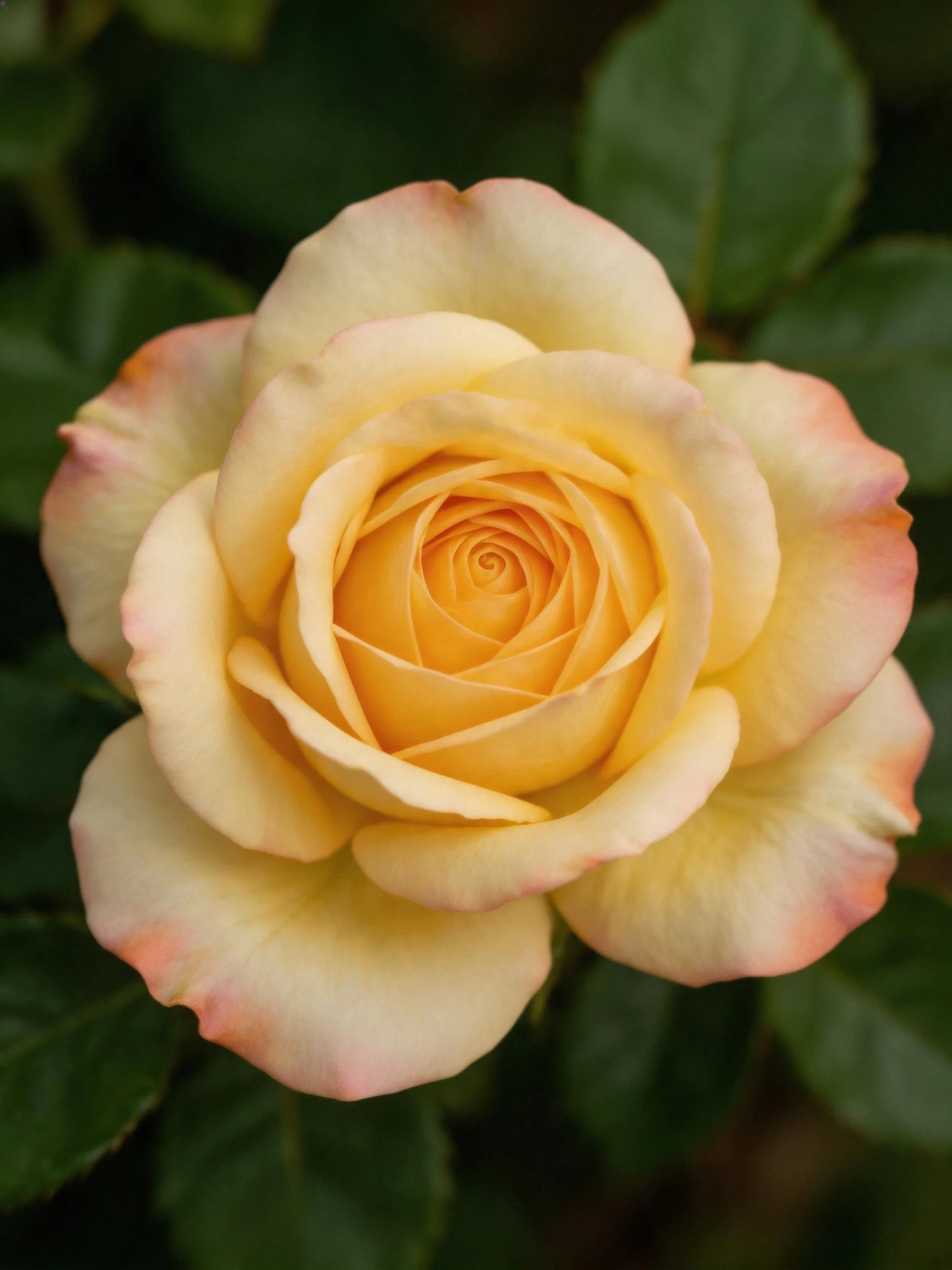 A fully bloomed yellow rose with pink-tipped petals