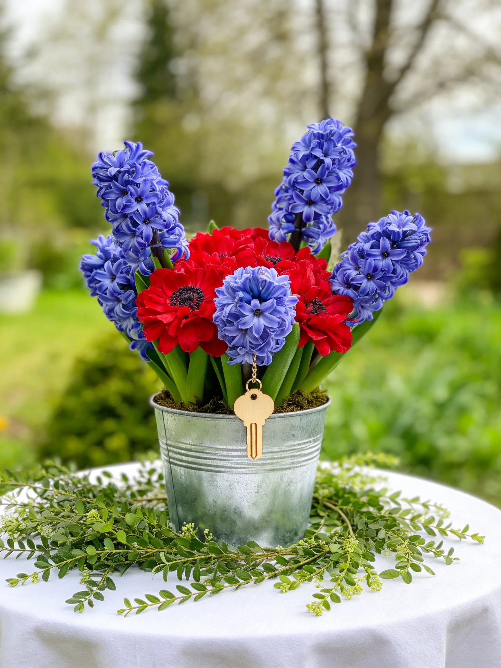 A galvanized bucket holds vibrant blue and red blooms with a wooden key charm