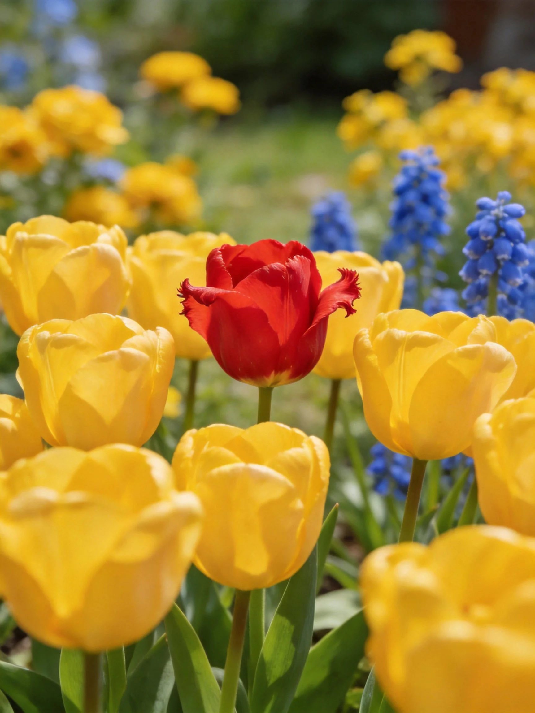A garden with many yellow tulips, one red tulip, and blue flowers