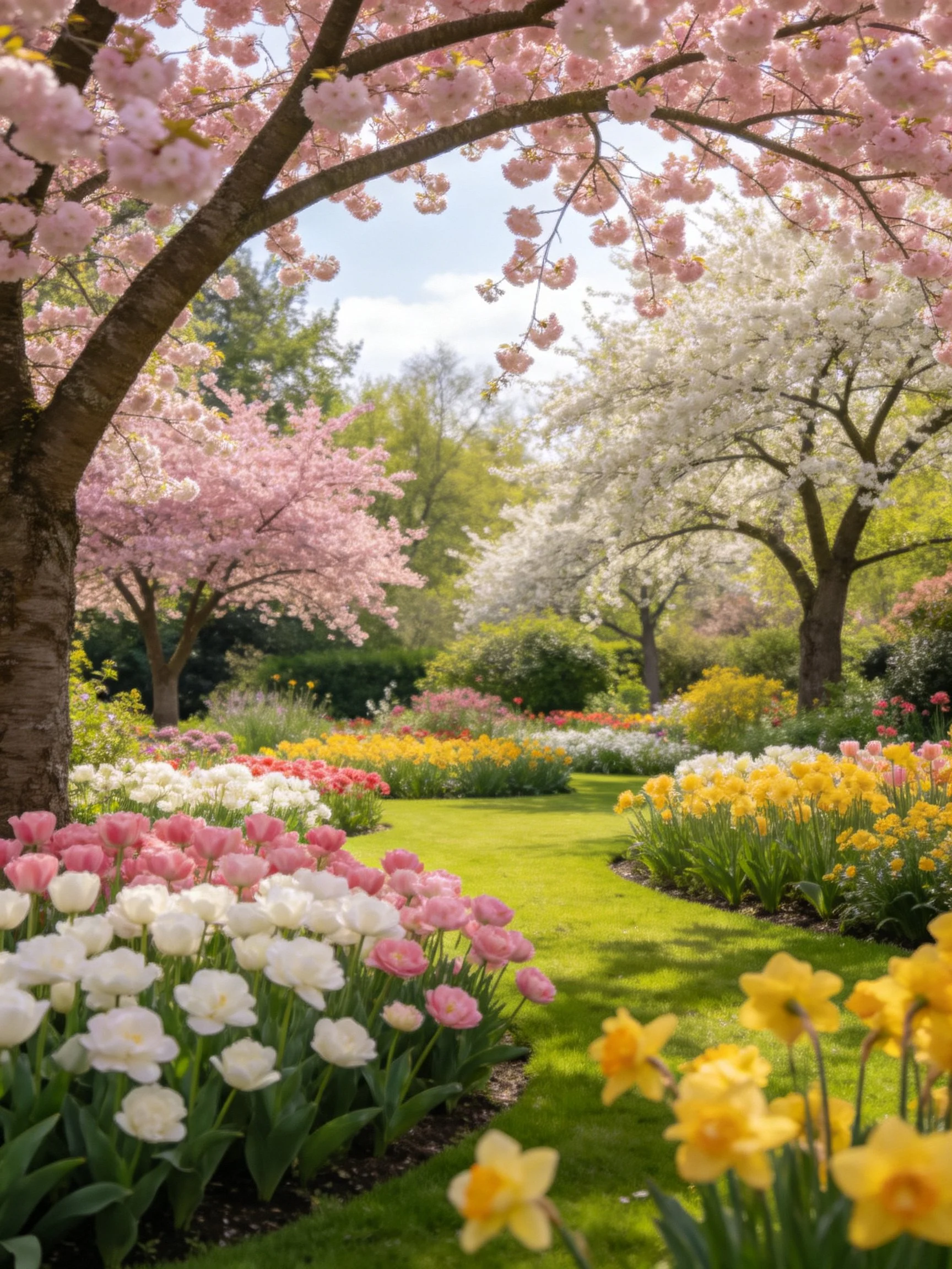 A garden with pink cherry blossom trees, white flowering trees, and colorful flower beds