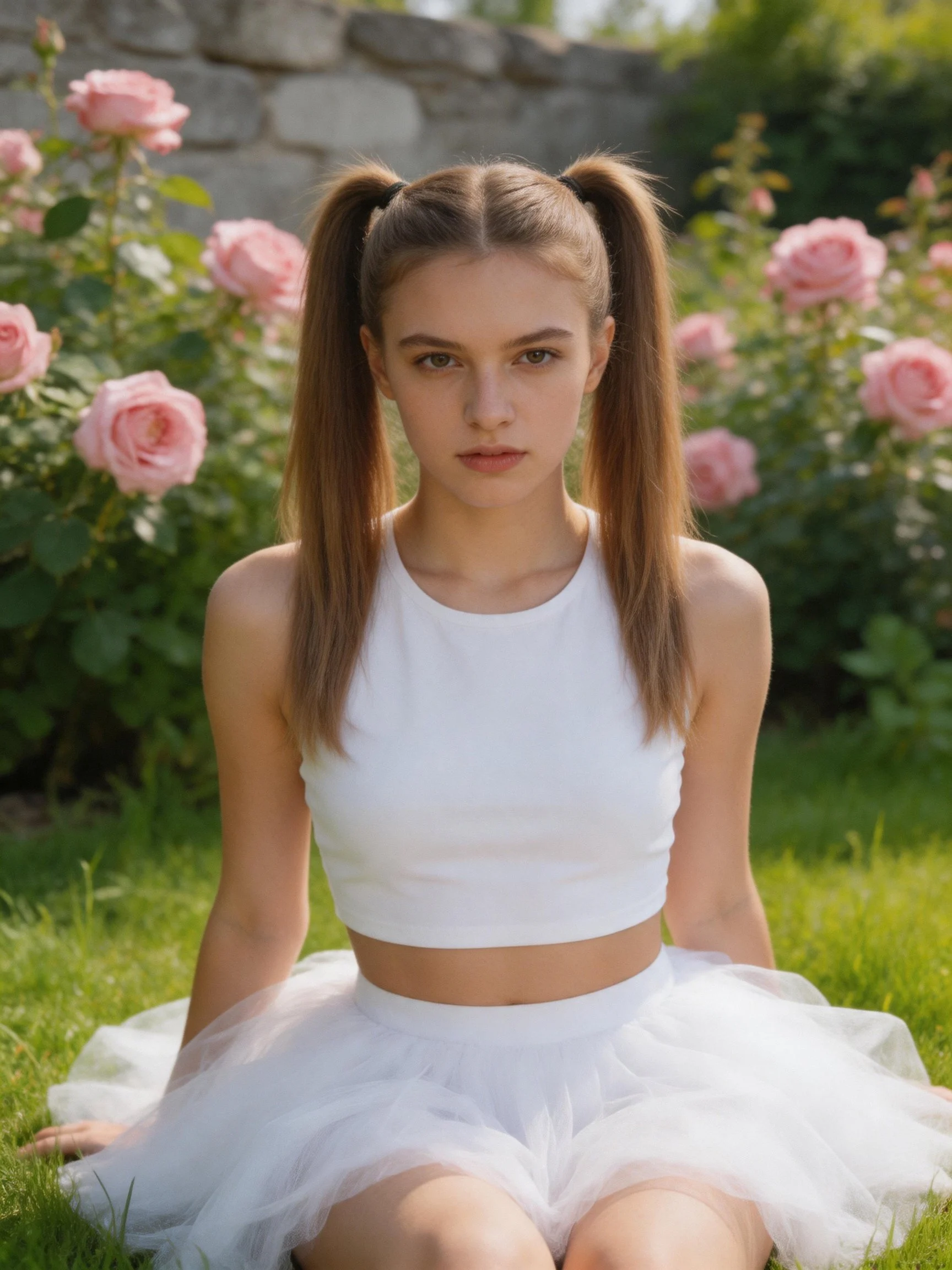 A girl in white clothing sits among pink roses in a garden