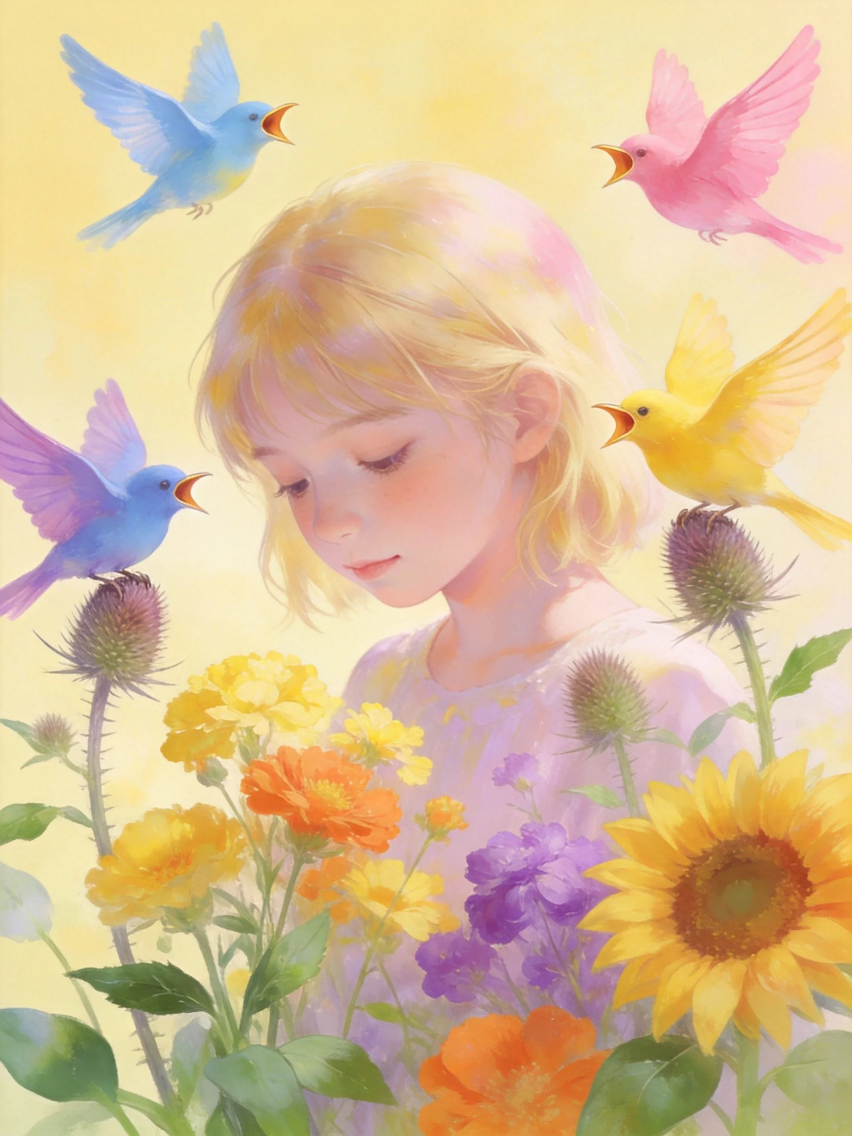 A girl surrounded by colorful birds and diverse flowers