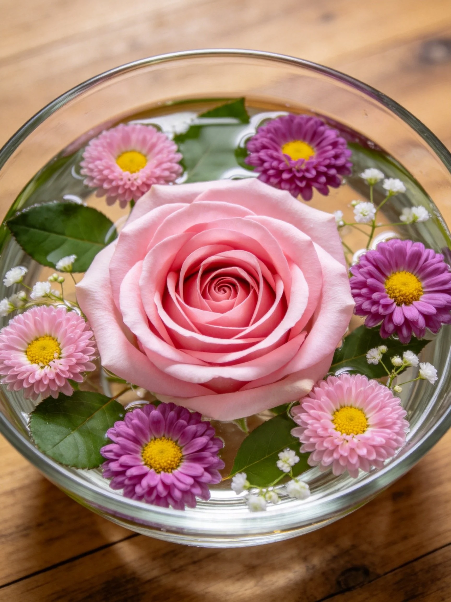 A glass bowl holds a pink rose, pink and purple daisies, and greenery in water