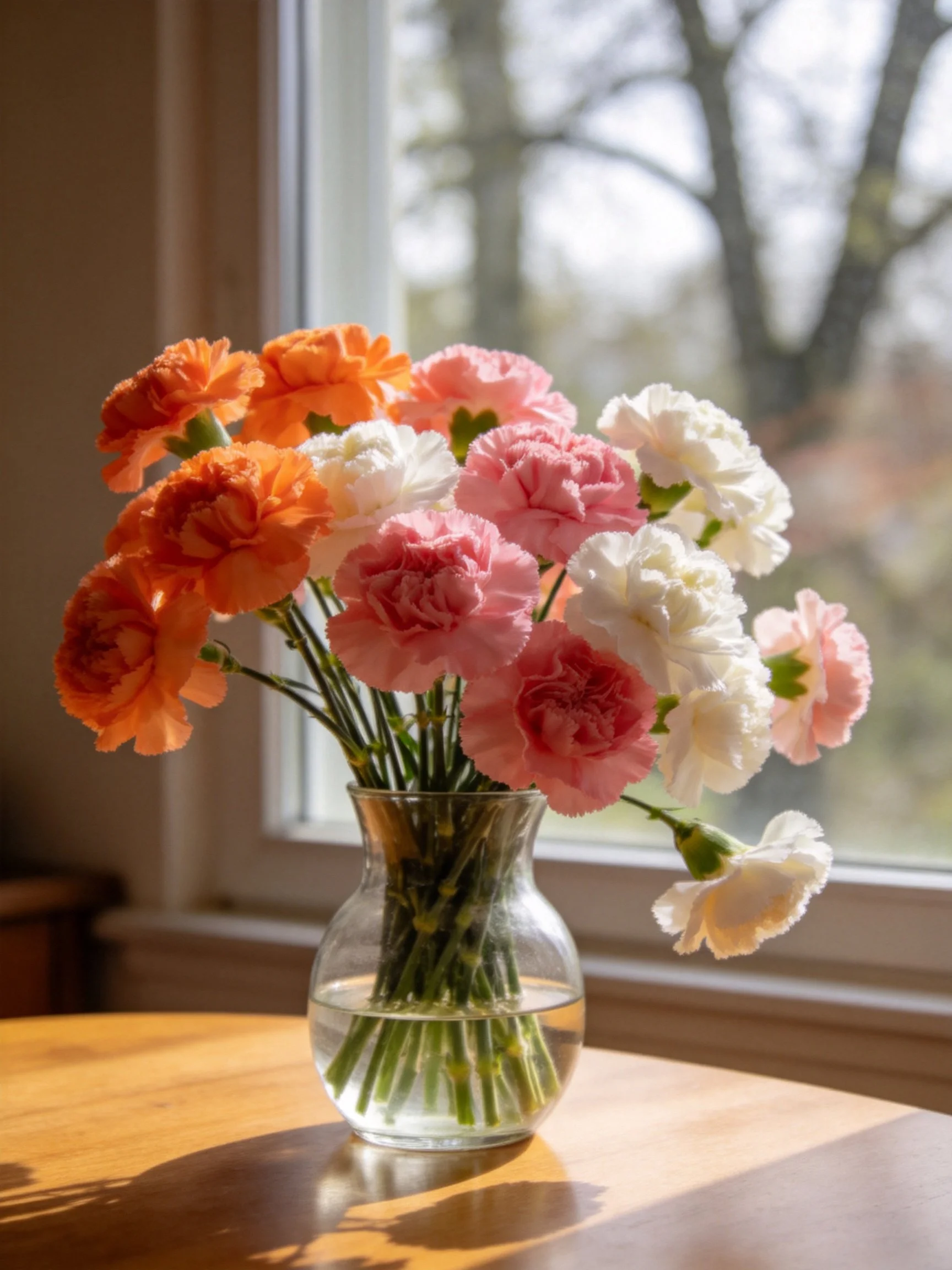 A glass vase holds orange, pink, and white carnations by a sunlit window.
