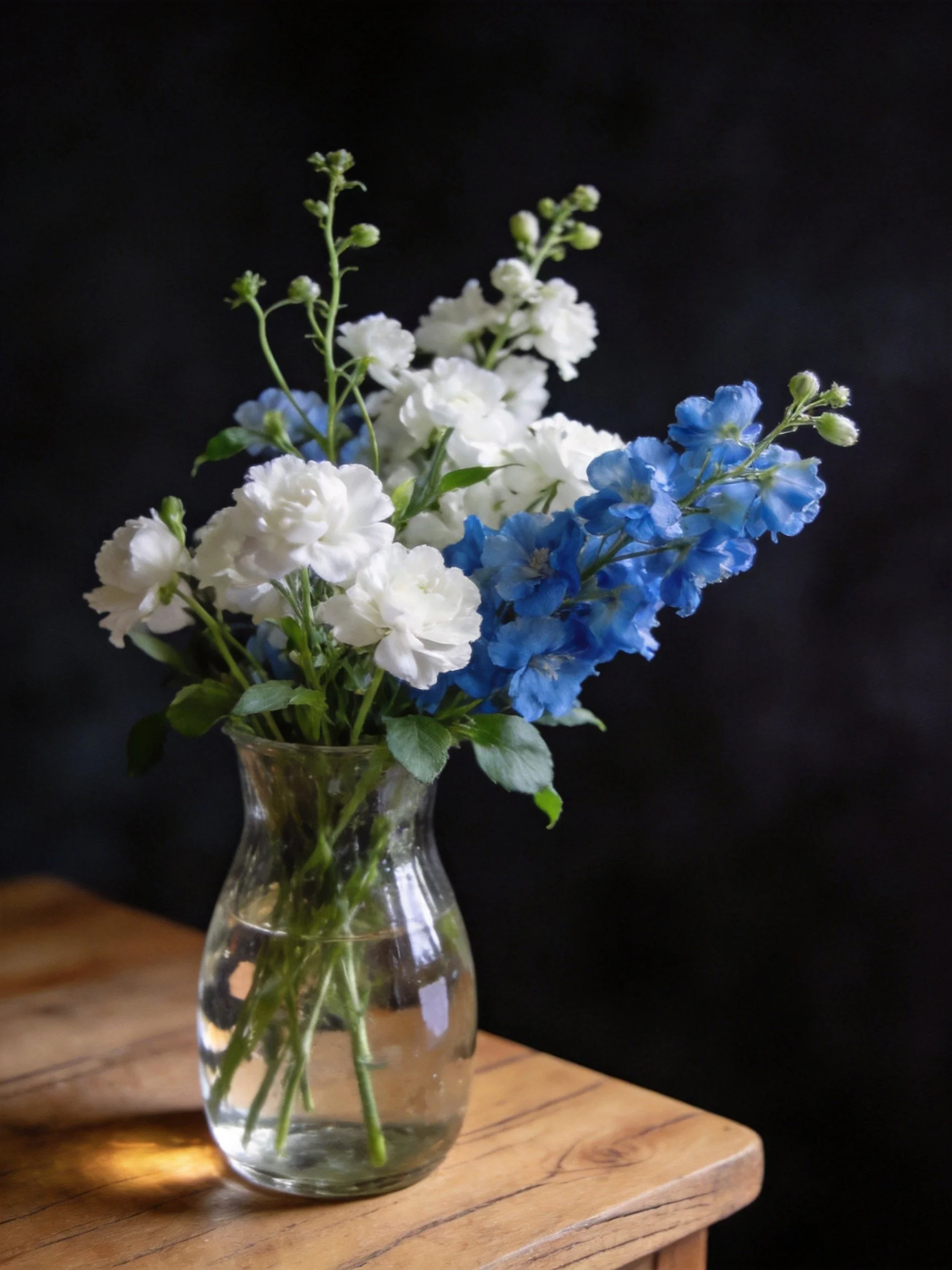 A glass vase with white and blue flowers sits atop a wooden table