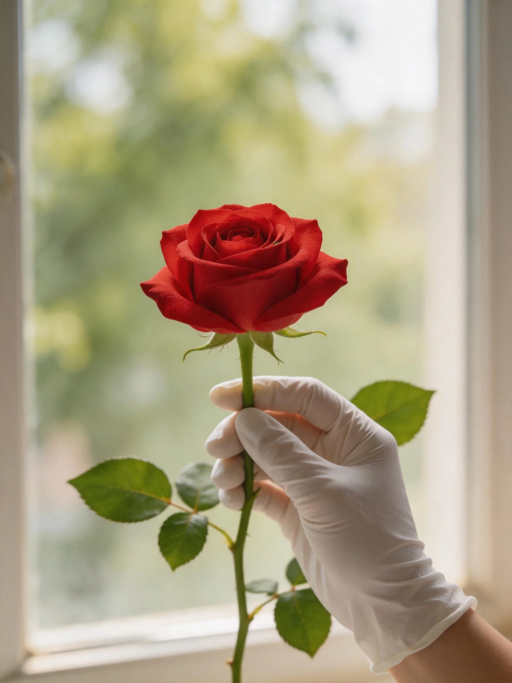 A gloved hand holds a vibrant red rose by a sunlit window