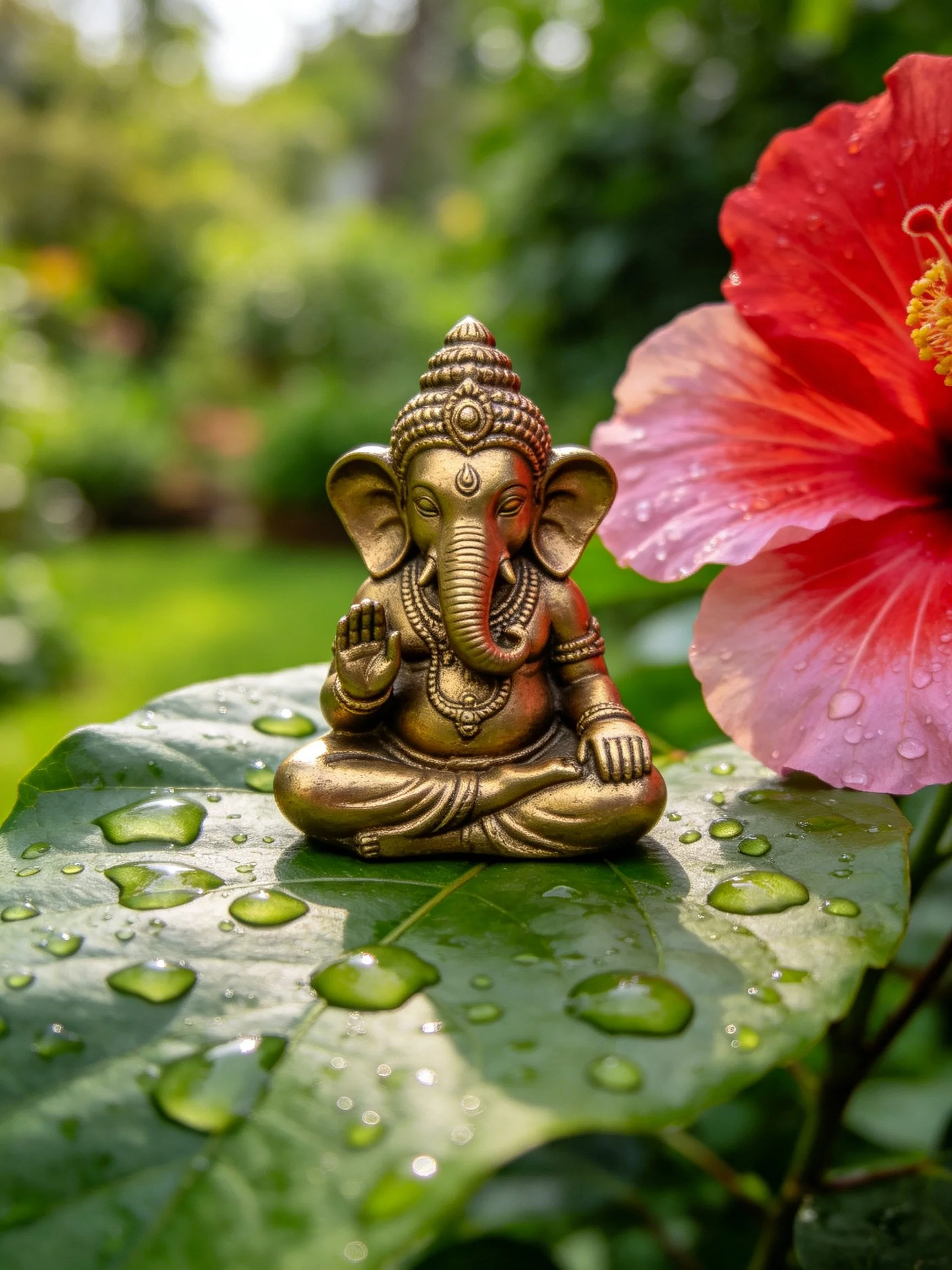 A golden Ganesha figurine sits on a dewy green leaf beside a vibrant red hibiscus