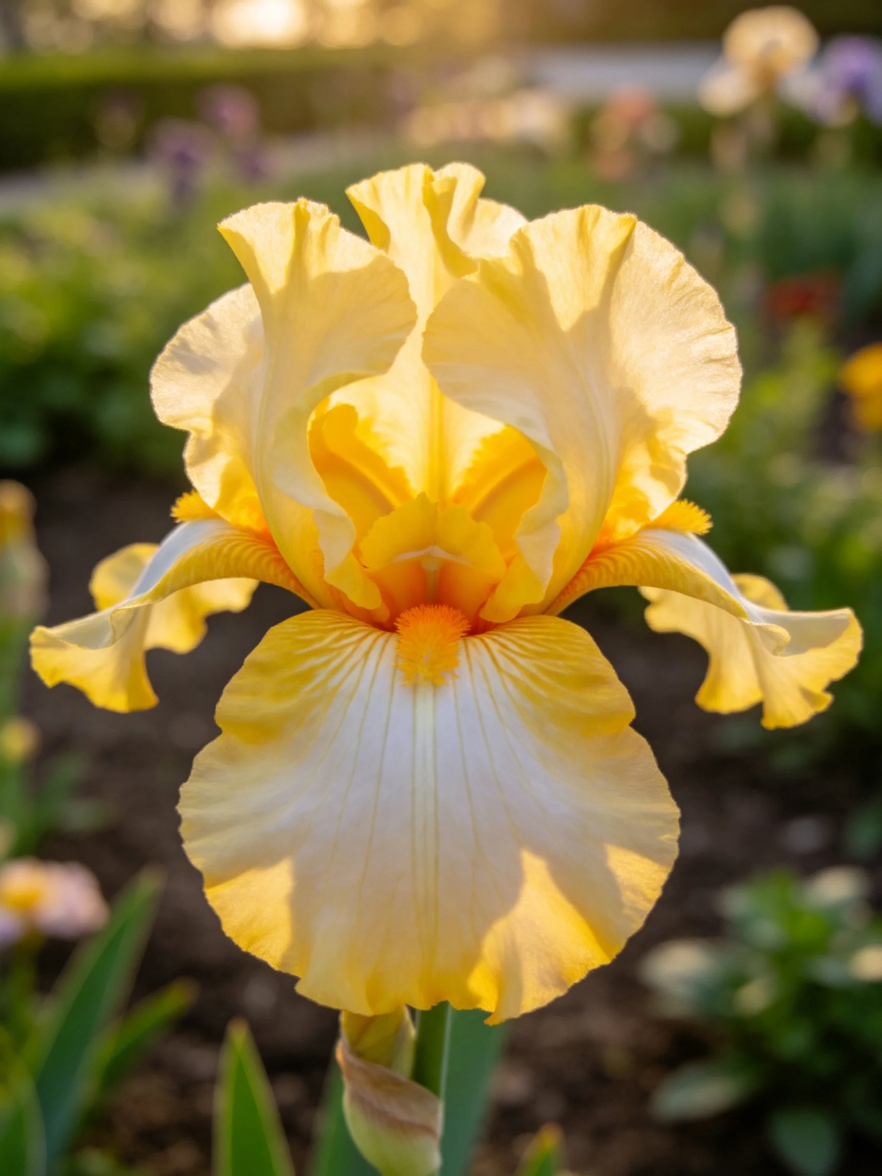 A golden-yellow iris flower in a sunlit garden