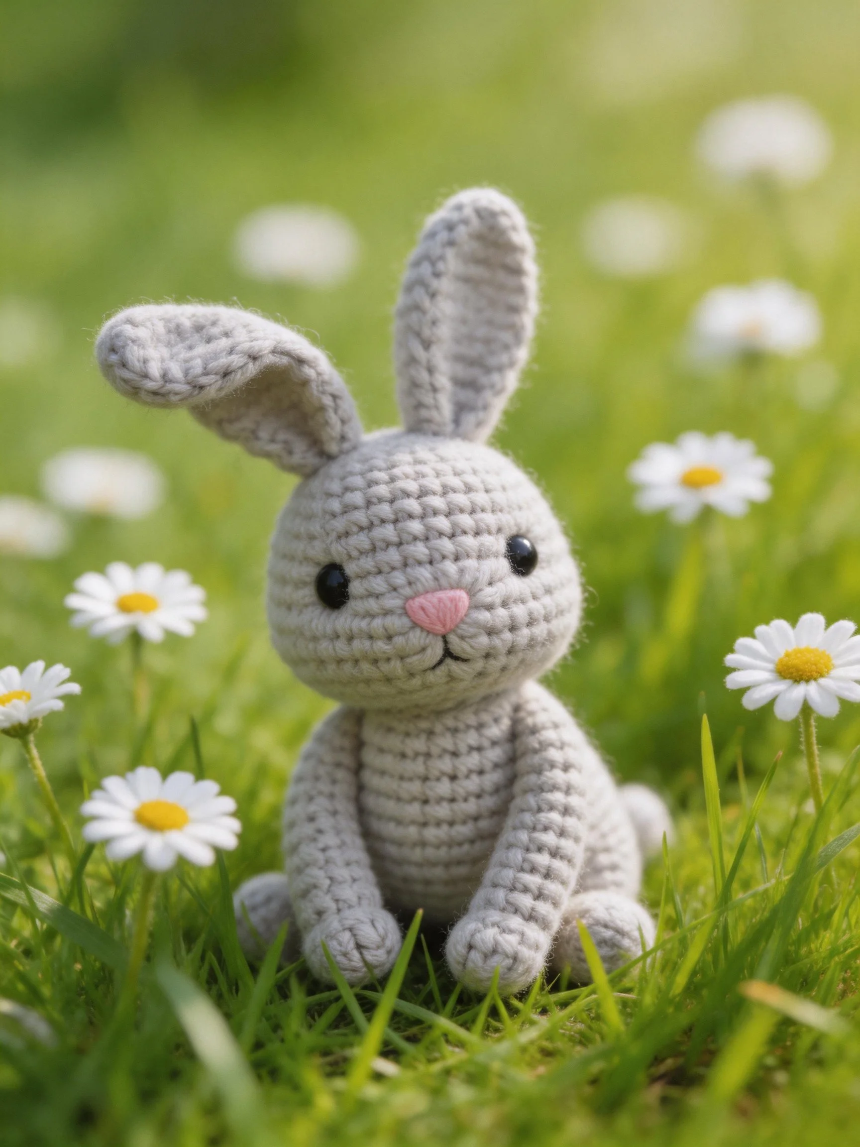A gray crocheted bunny sits among white daisies in lush green grass