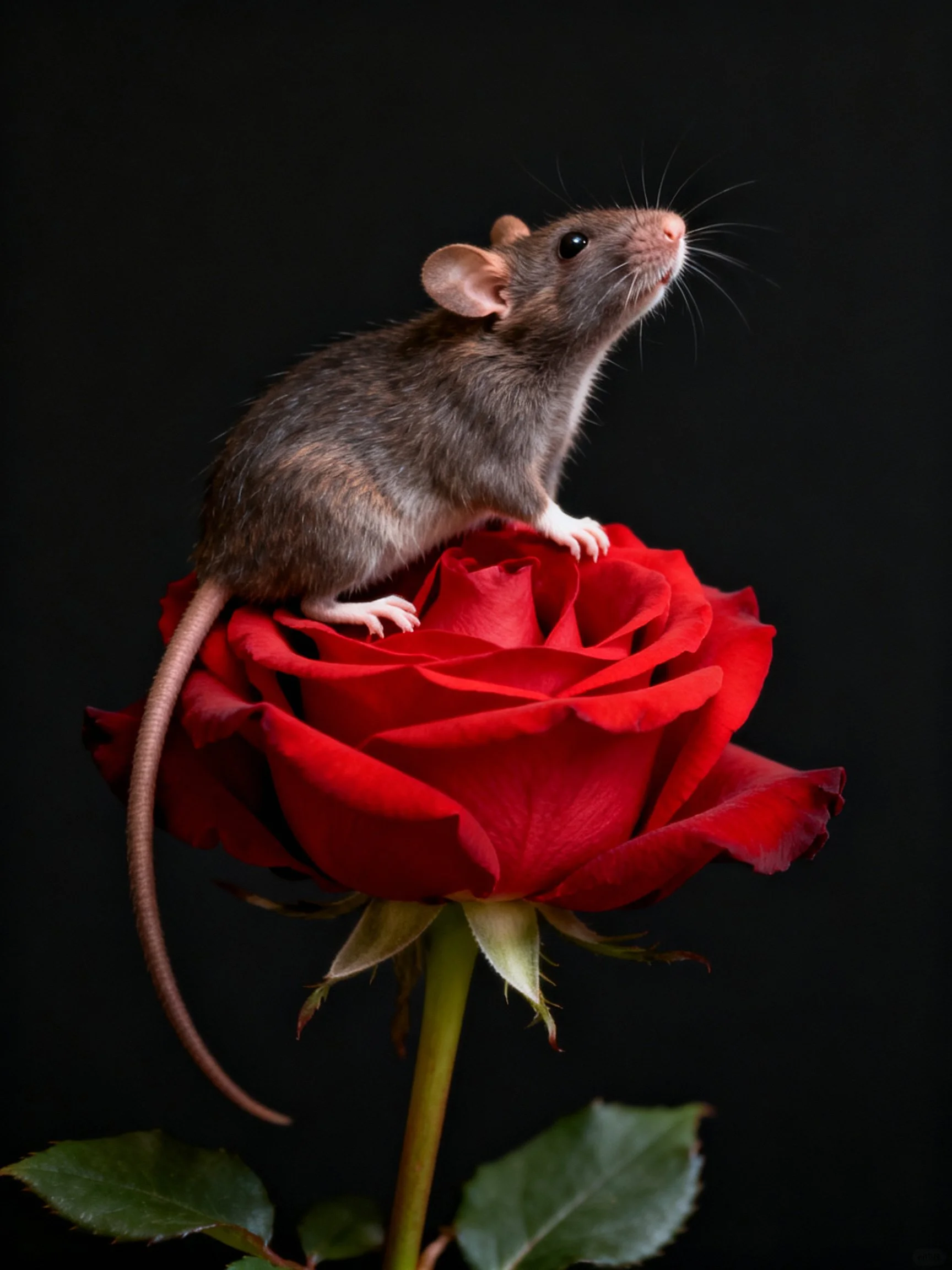 A gray mouse perched atop a vibrant red rose