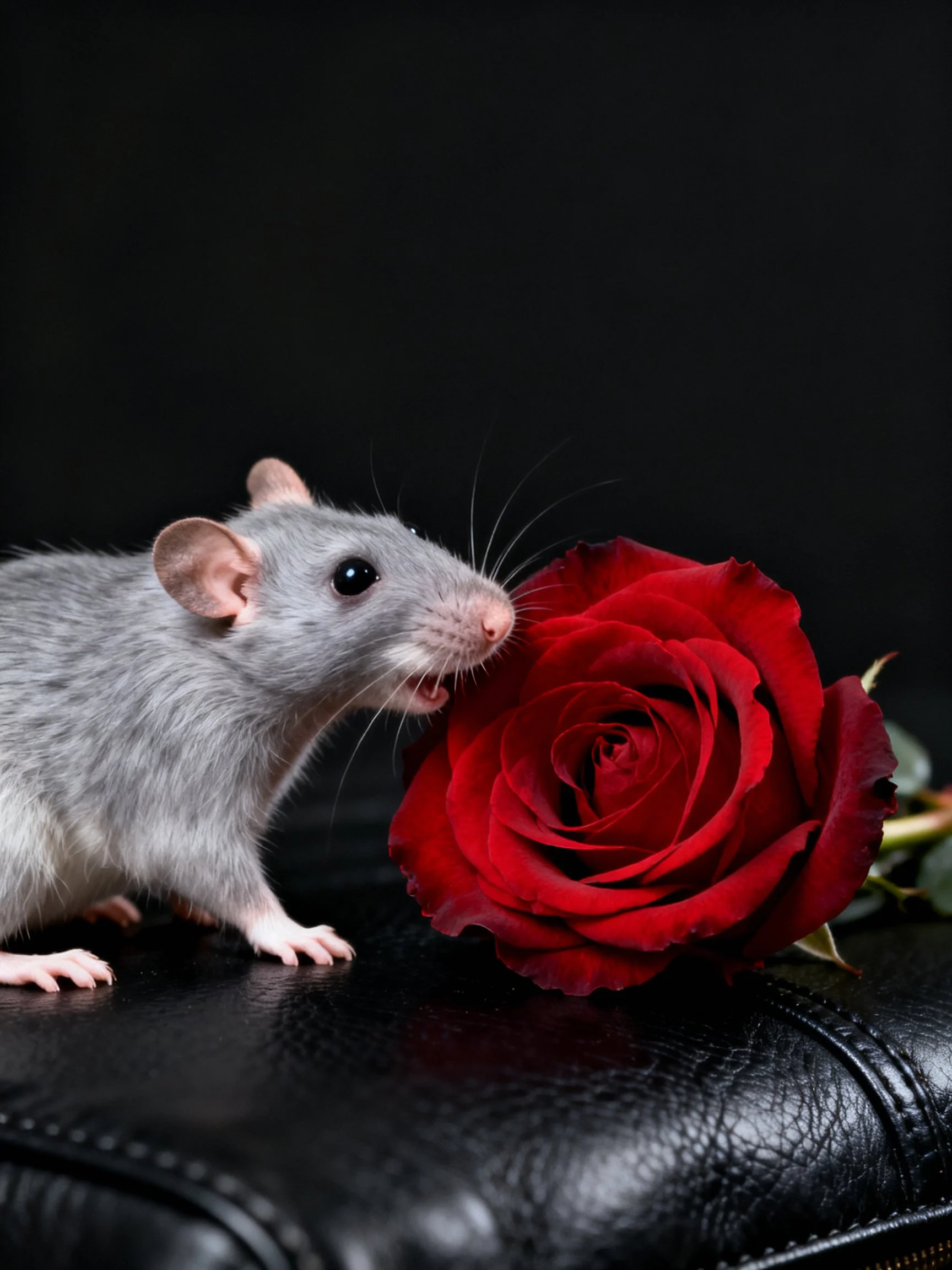 A gray mouse sniffs a vibrant red rose on a black leather surface