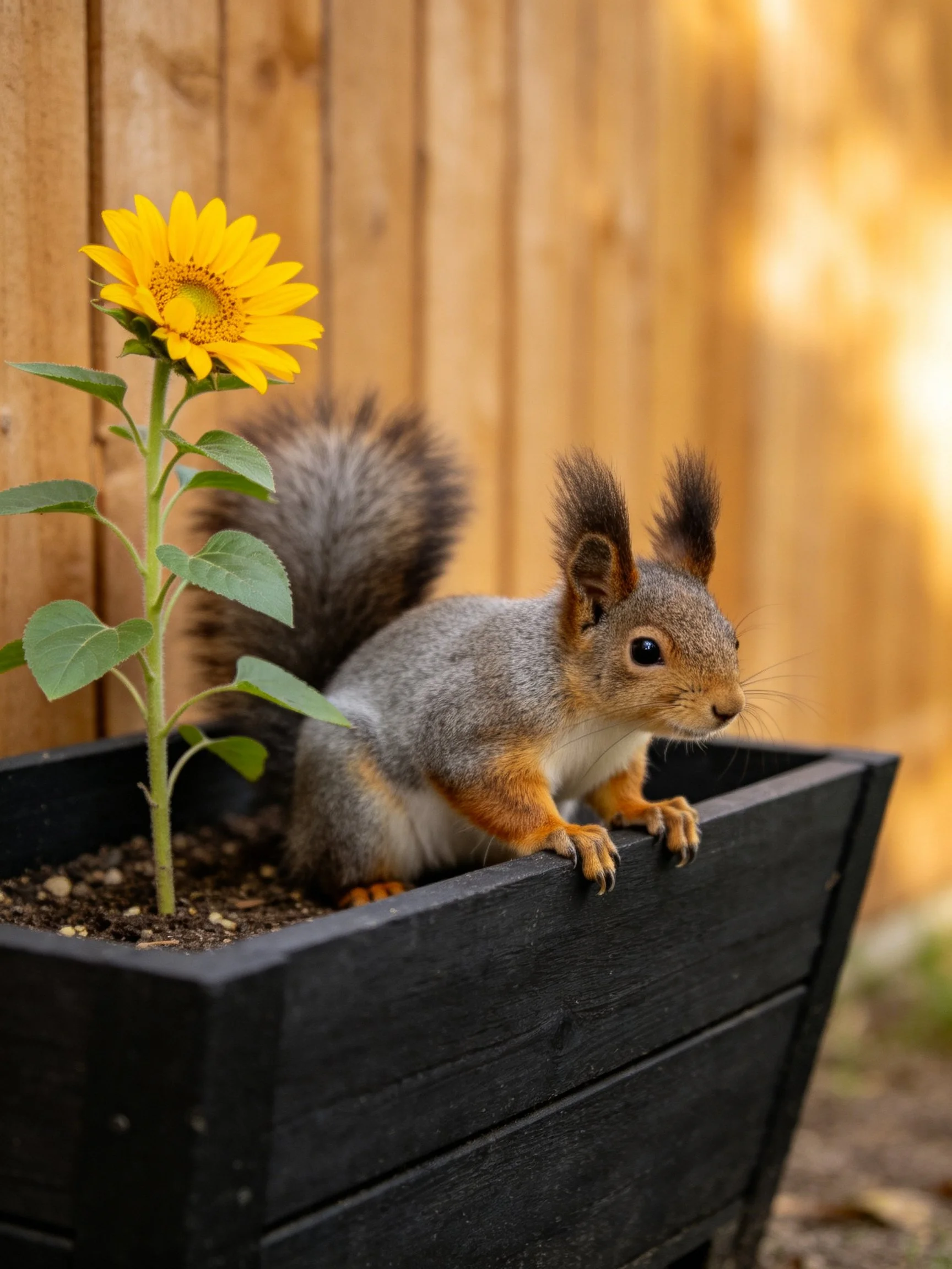 A gray squirrel near a yellow sunflower in a black planter