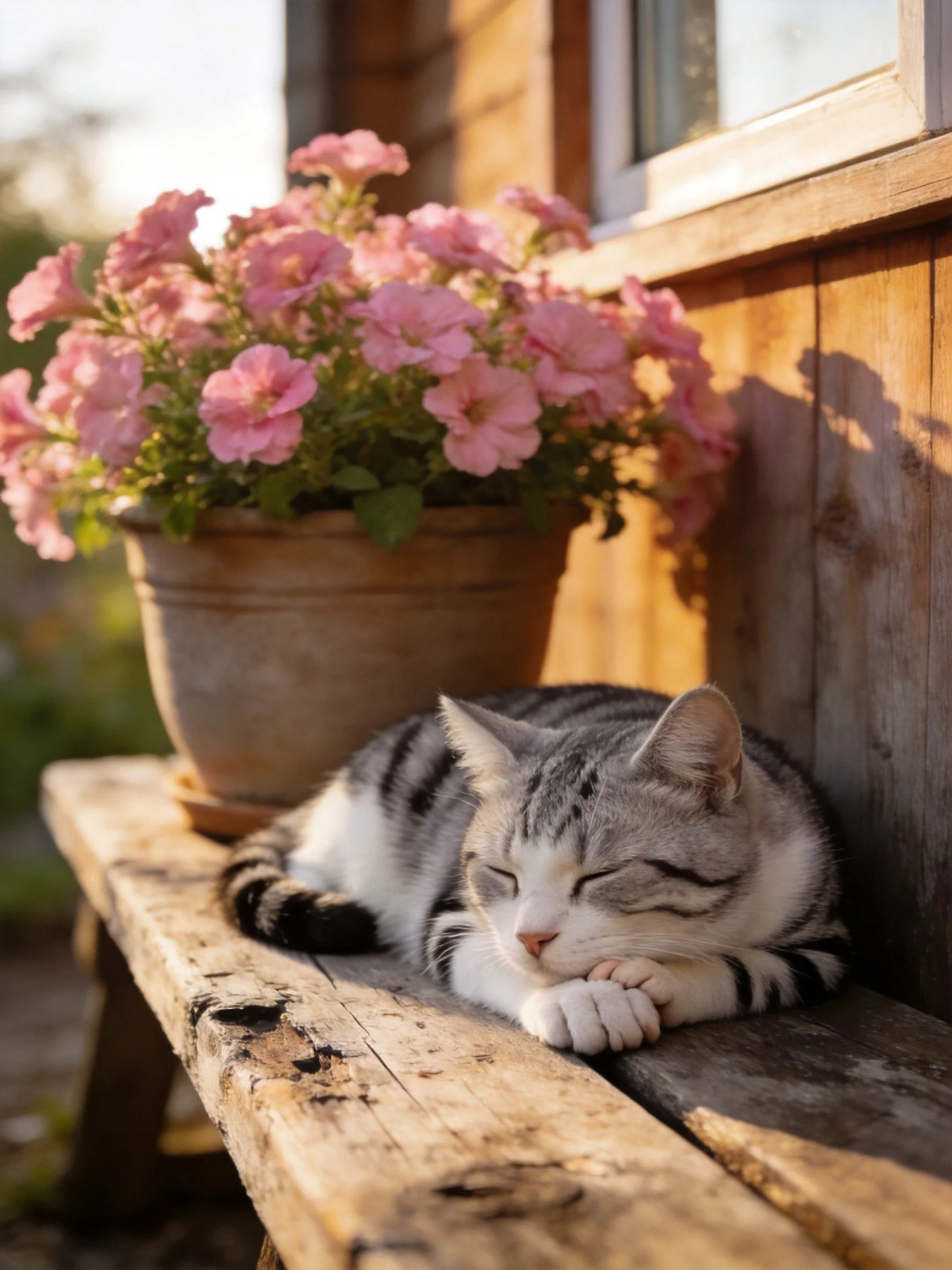 A gray tabby cat naps beside pink petunias on a weathered wooden bench