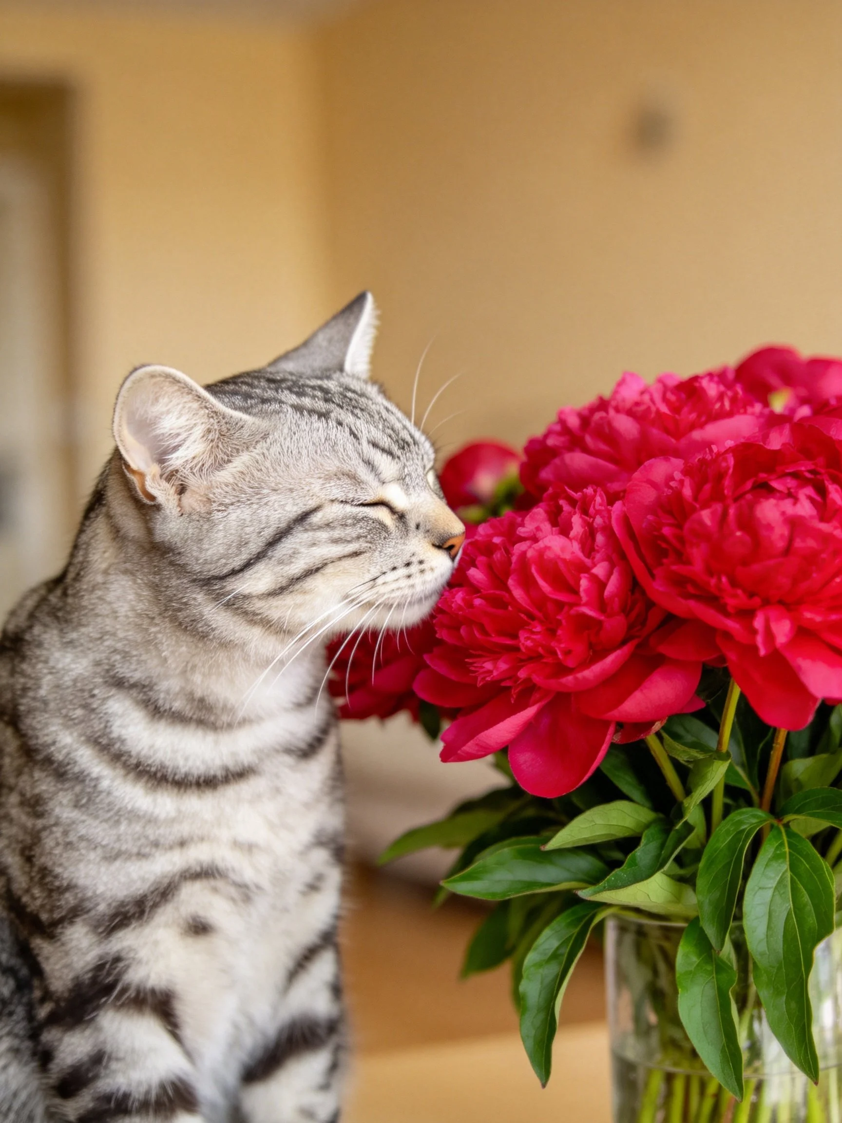 A gray tabby cat sniffs vibrant red peonies near a glass vase