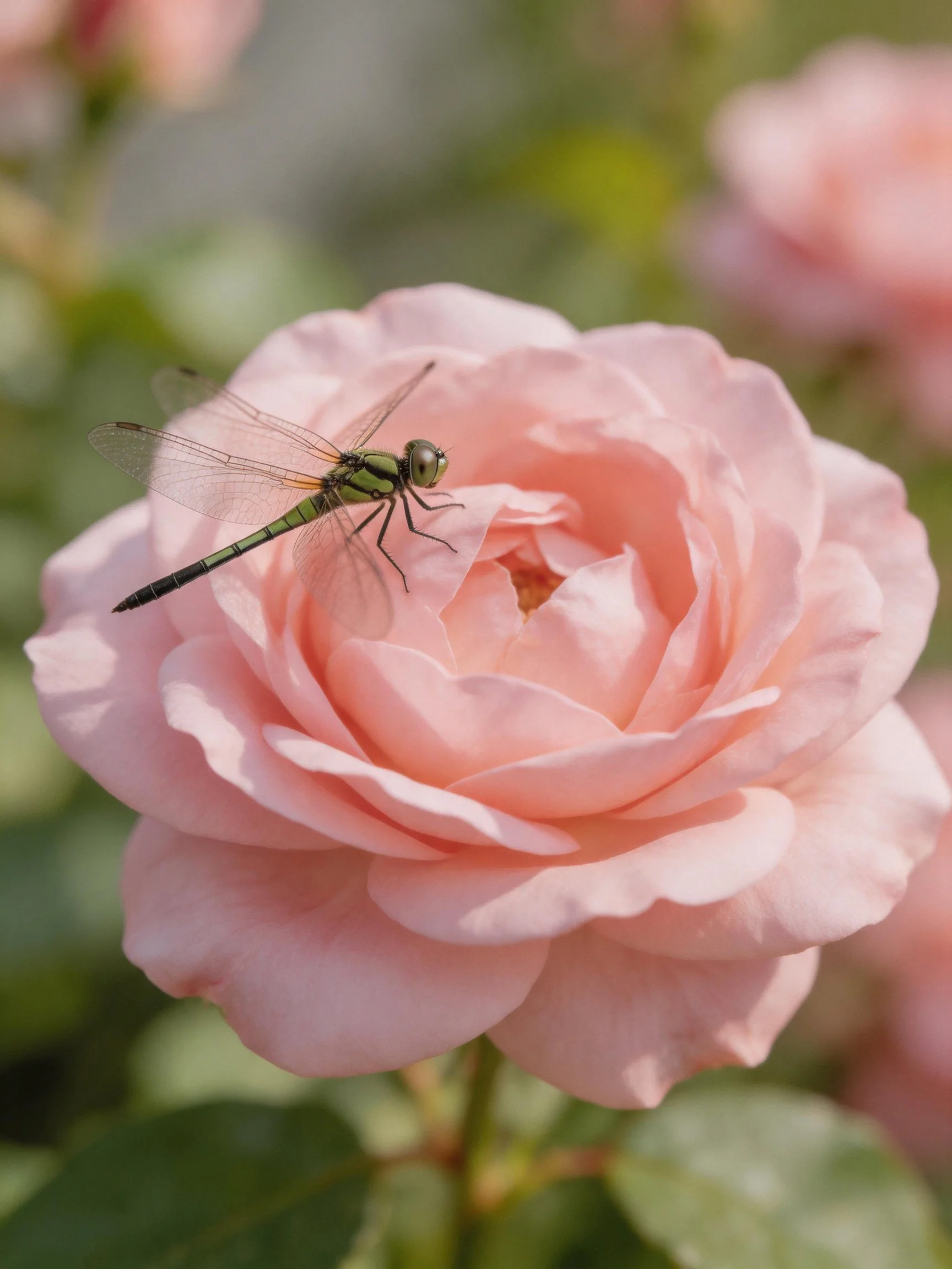 A green dragonfly rests on a large pink rose