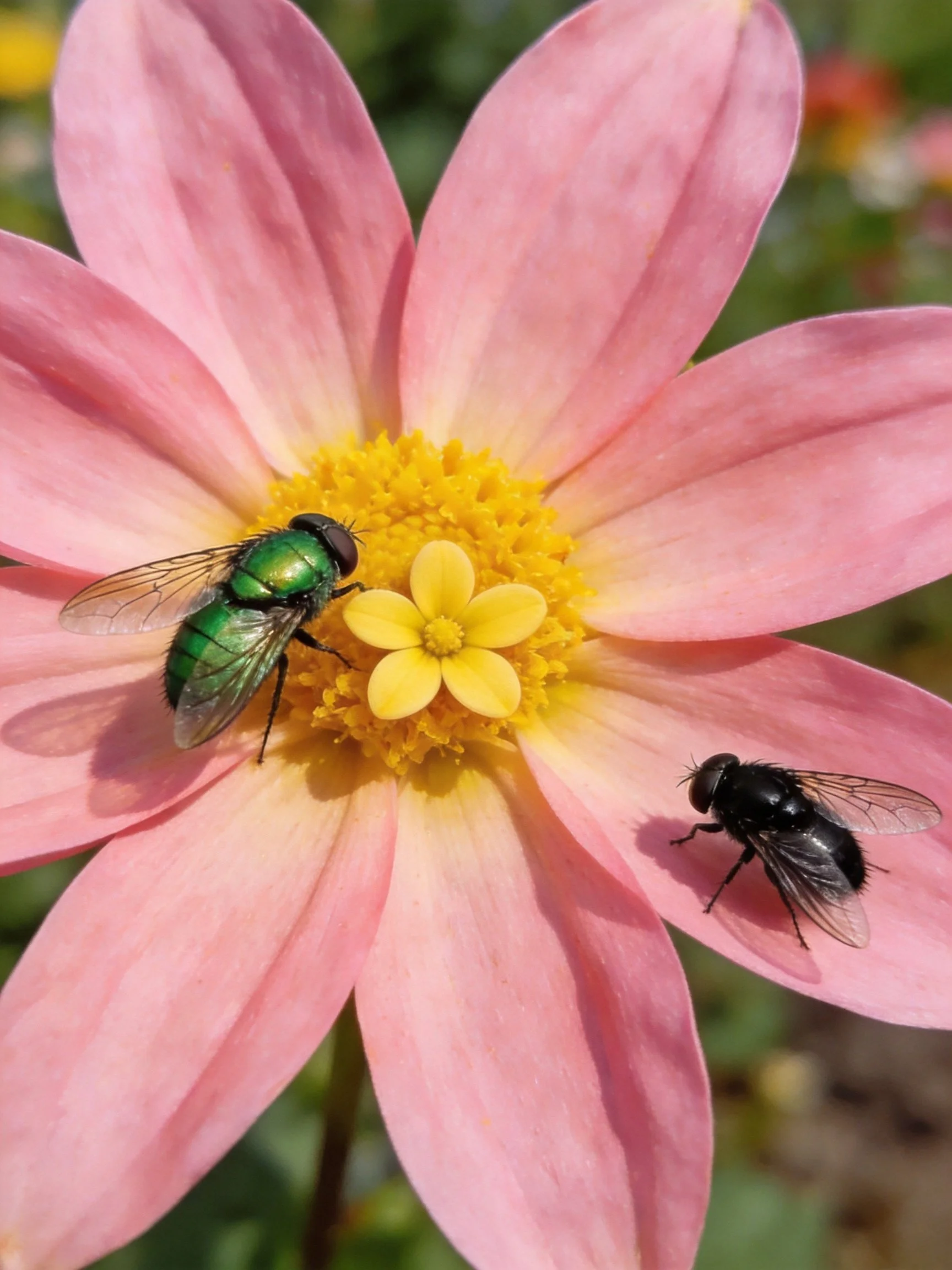 A green fly and a black fly on a pink flower with yellow center