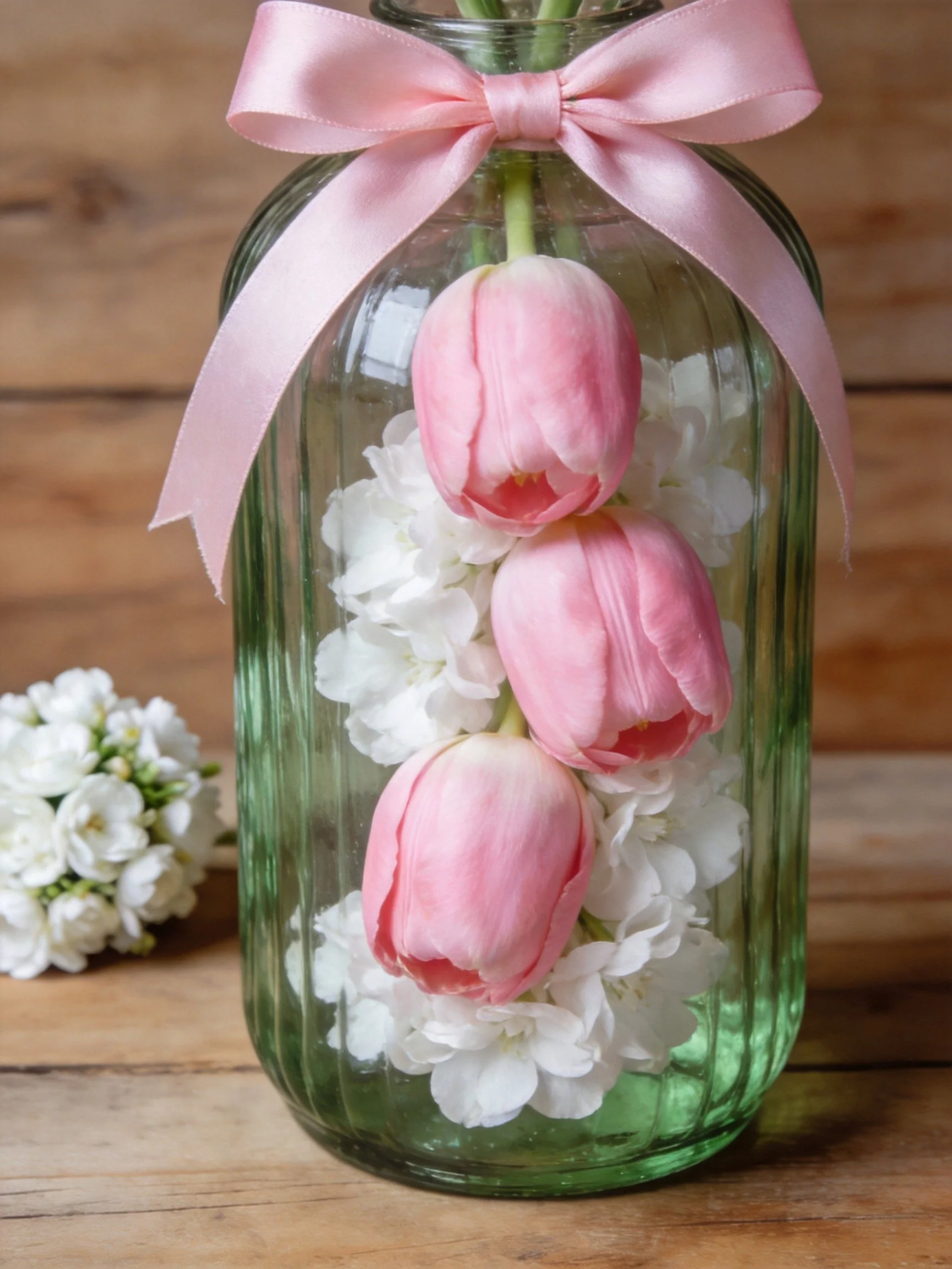A green glass jar holds pink tulips, white flowers, and a pink ribbon.