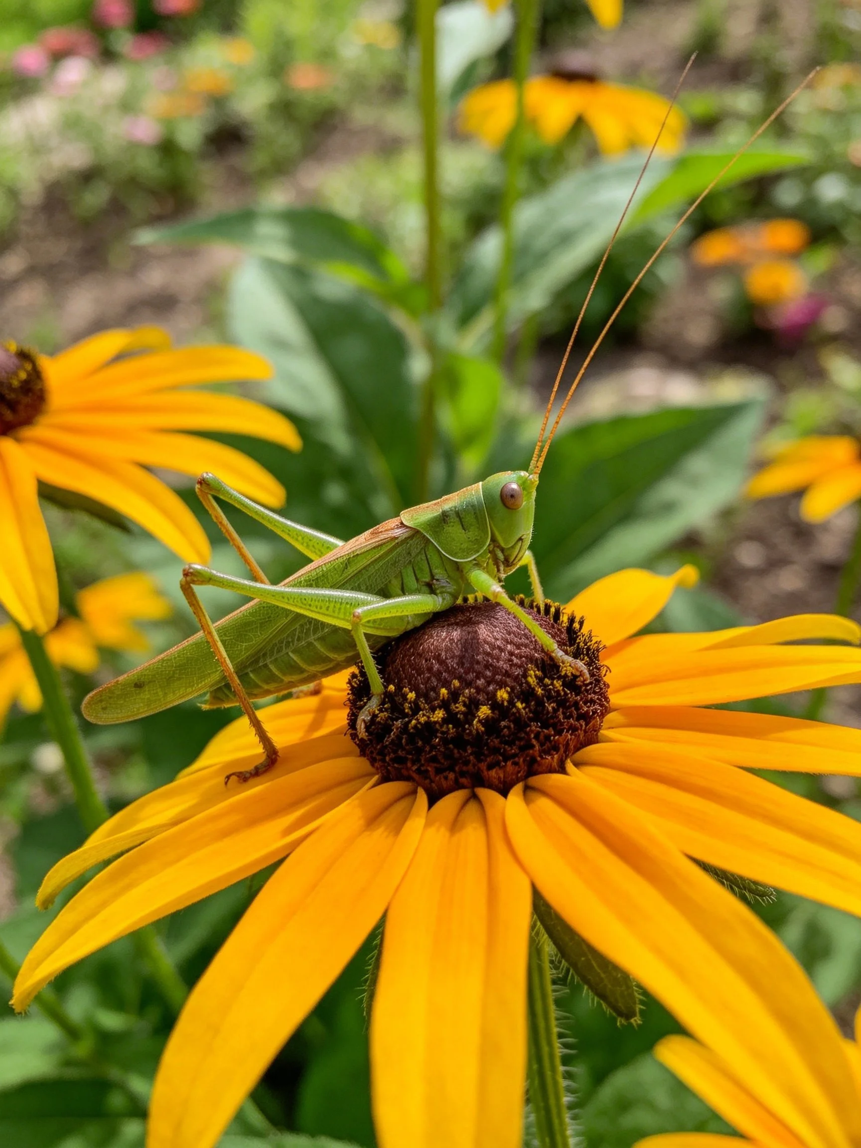 A green grasshopper perched on a vibrant yellow flower