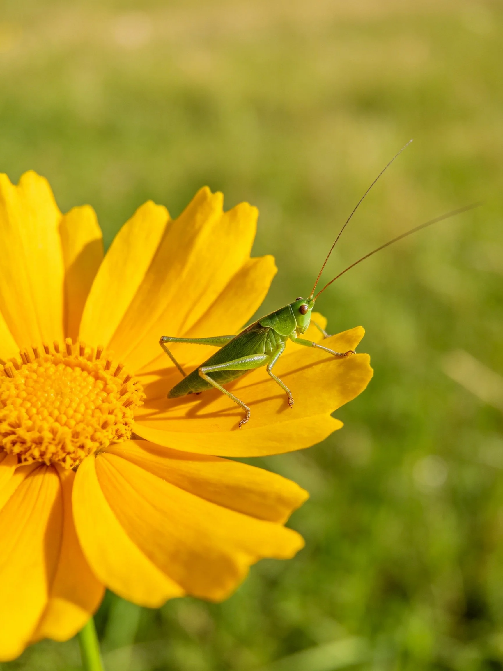 A green grasshopper perched on a vibrant yellow flower