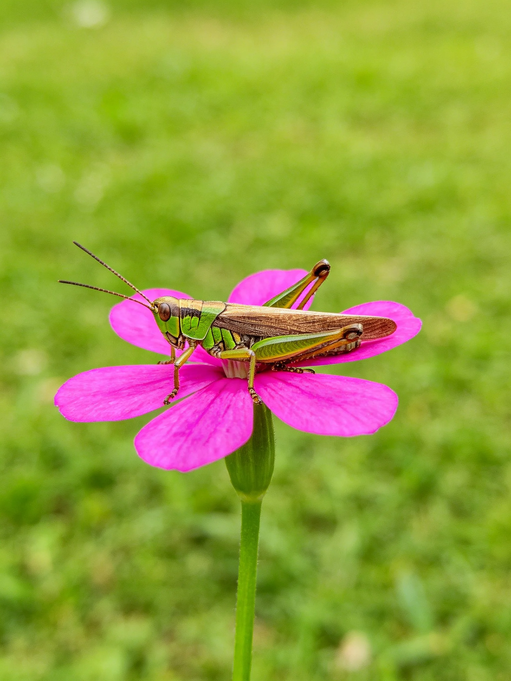 A green grasshopper perches on a vivid pink flower