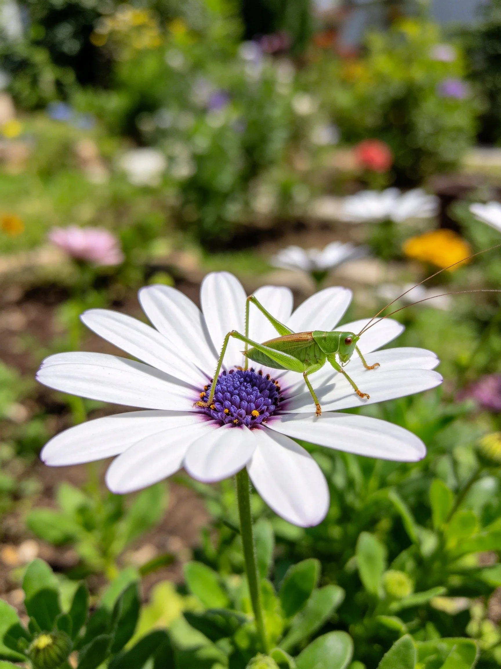 A green grasshopper perches on a white daisy with a purple center