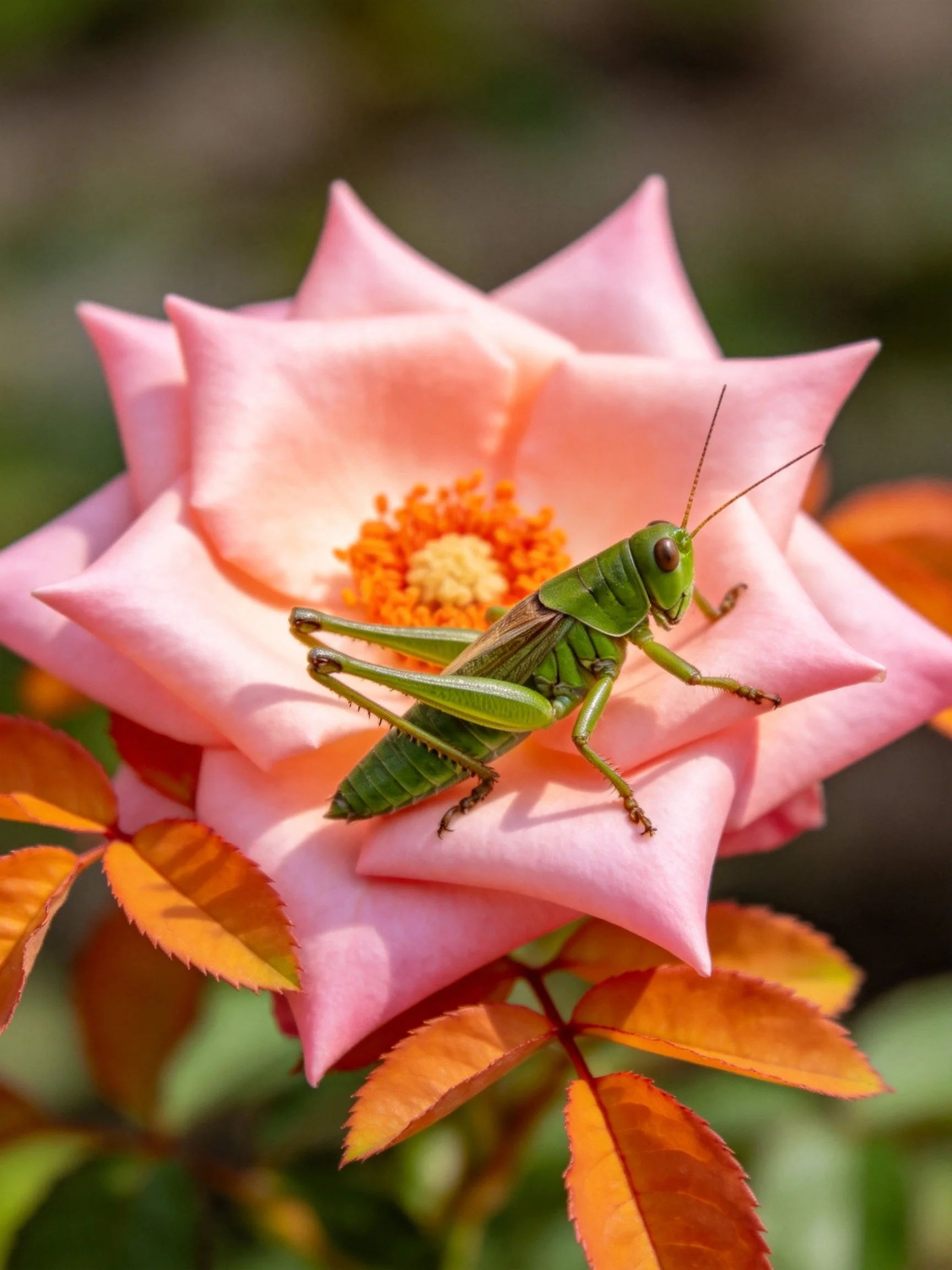 A green grasshopper sits atop a pink rose with orange leaves
