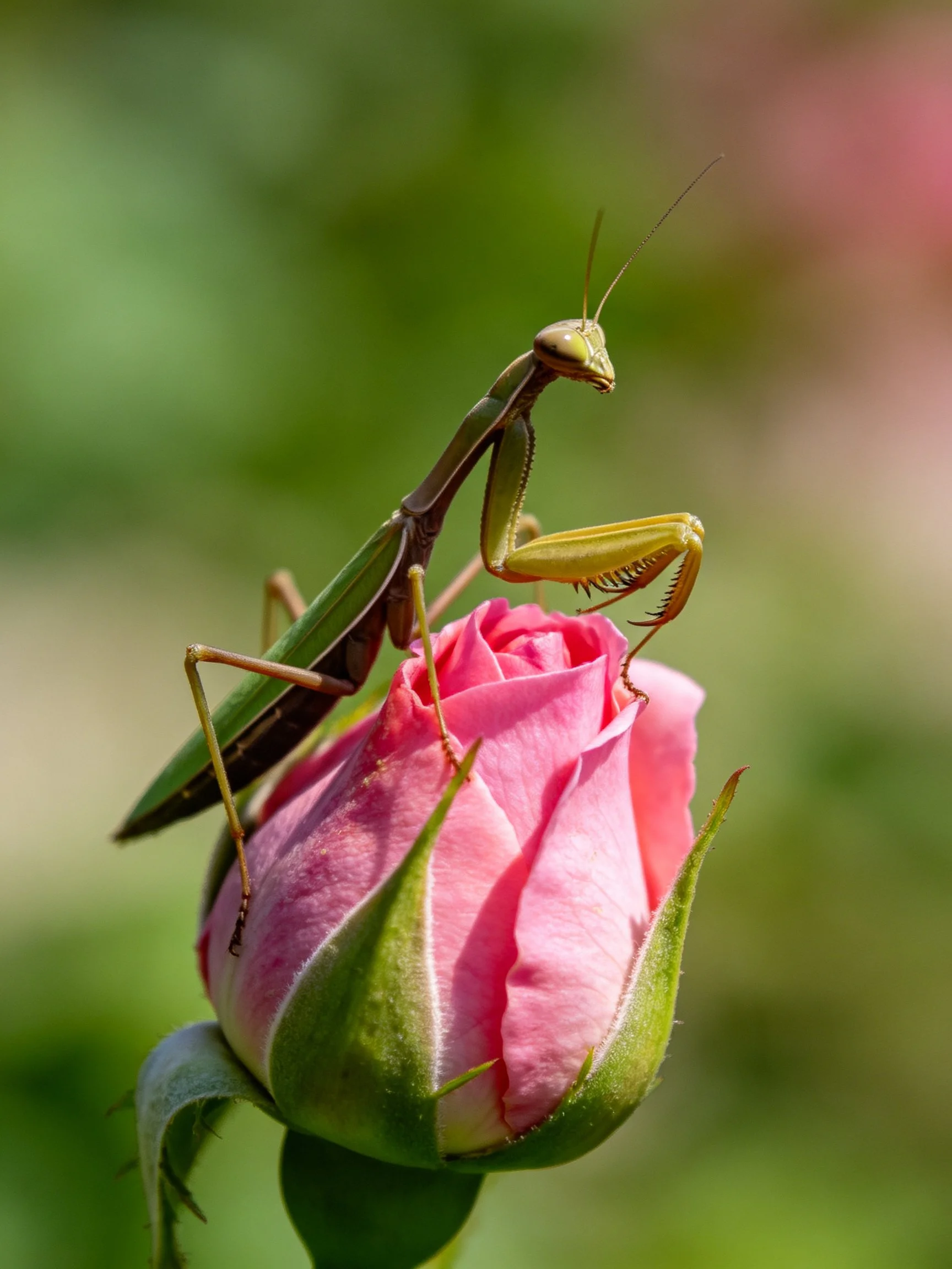 A green praying mantis perched on a pink rosebud