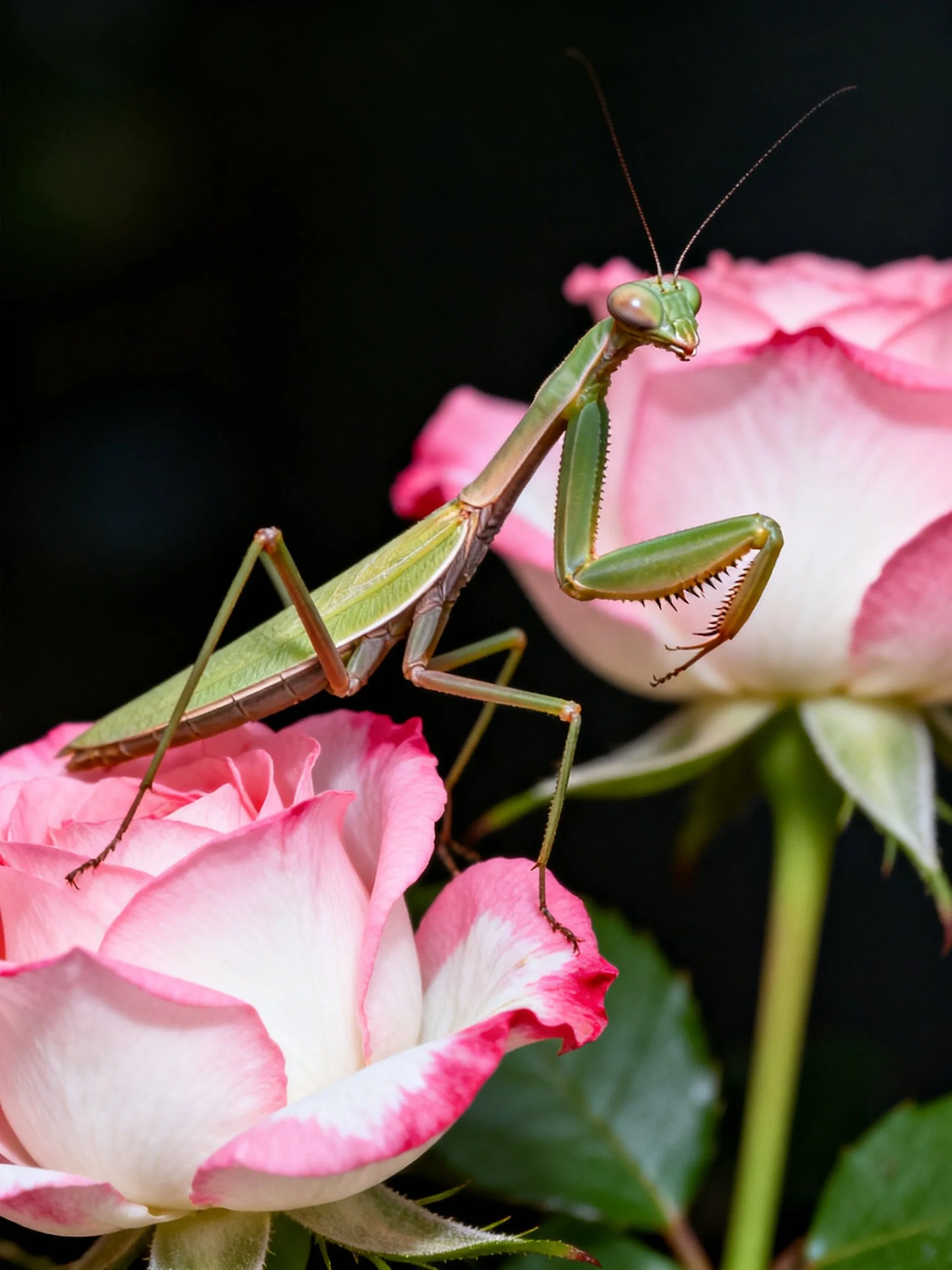 A green praying mantis perched on two pink roses