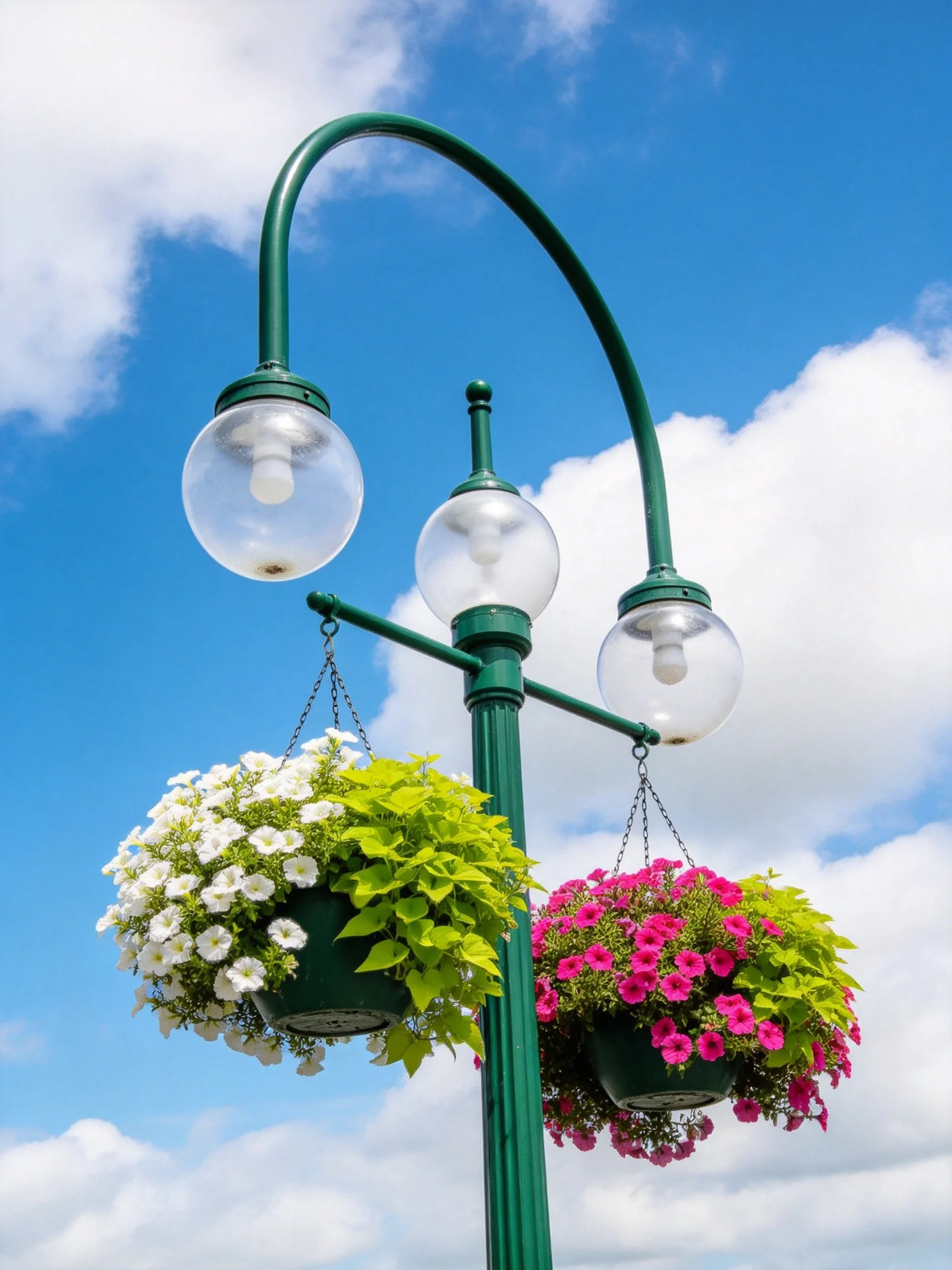 A green street lamp with three globe lights holds two hanging flower baskets under a bright blue sky