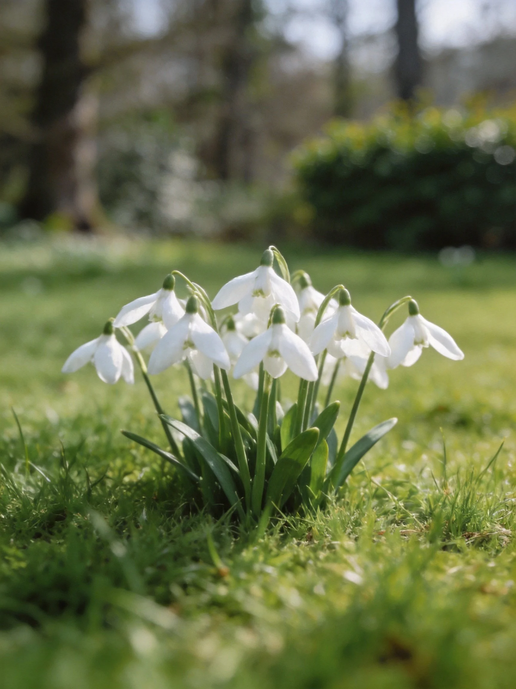 A group of white snowdrop flowers growing in green grass