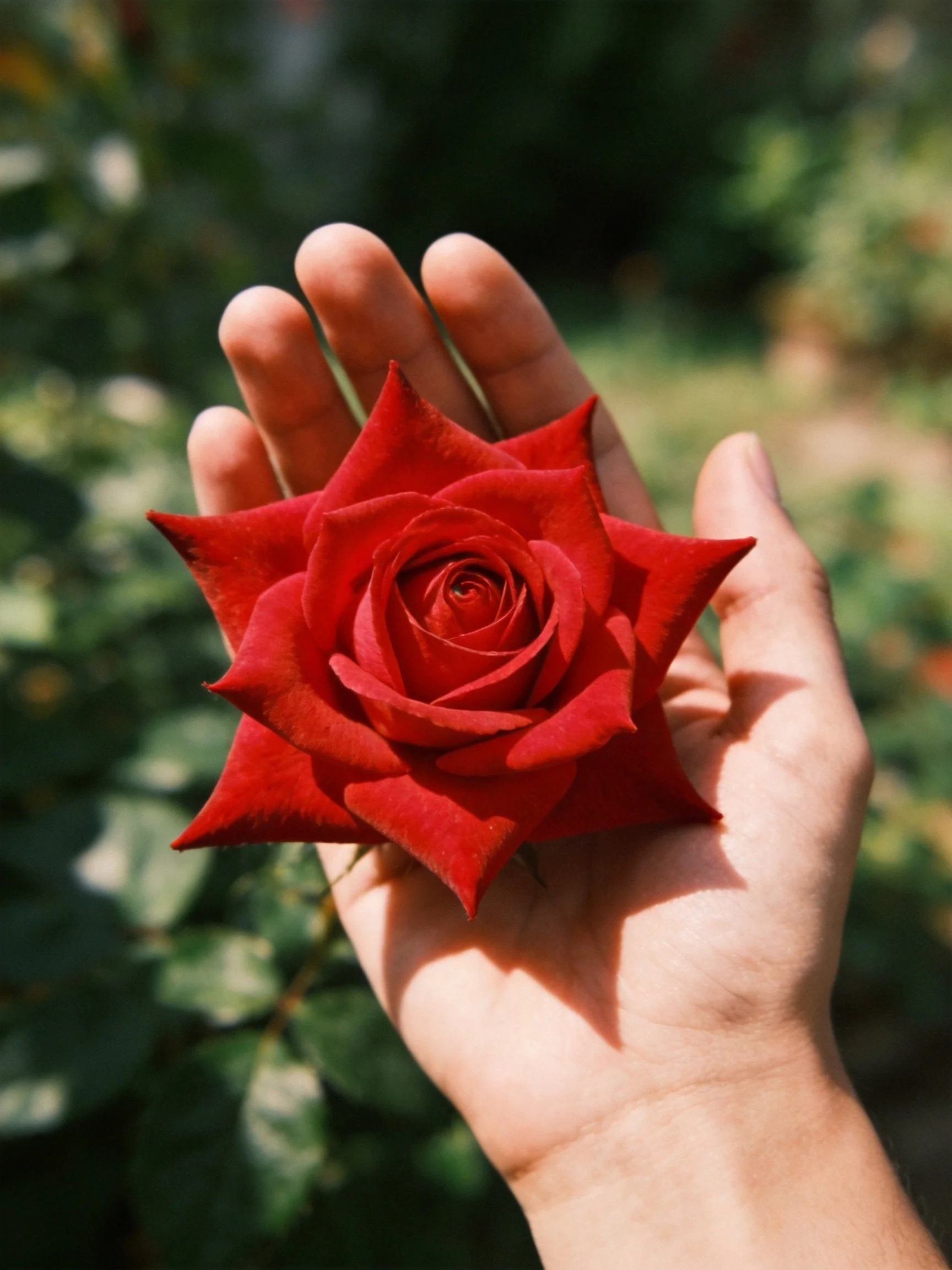 A hand holding a vibrant red rose against blurred greenery
