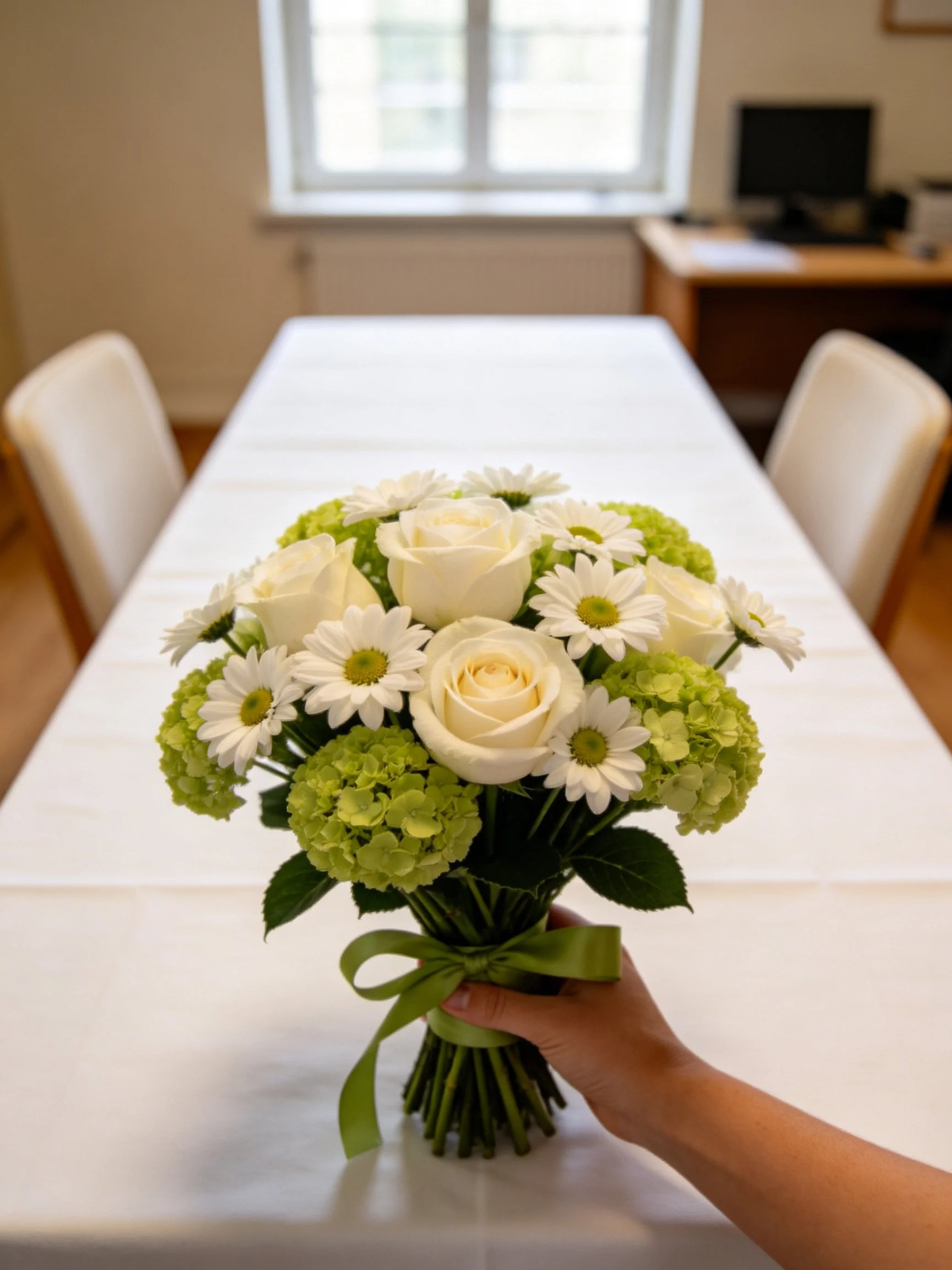 A hand holds a bouquet of white roses, daisies, and green blooms on a white table